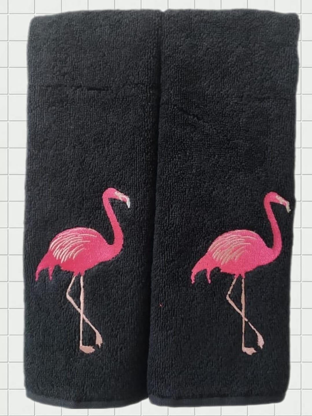 2-Pack Flamingo Embroidered Fingertip Towels, 100% Turkish Full Terry Cotton, 11"x18", Absorbent Guest Hand Towels for Kitchen & Bathroom (Black)