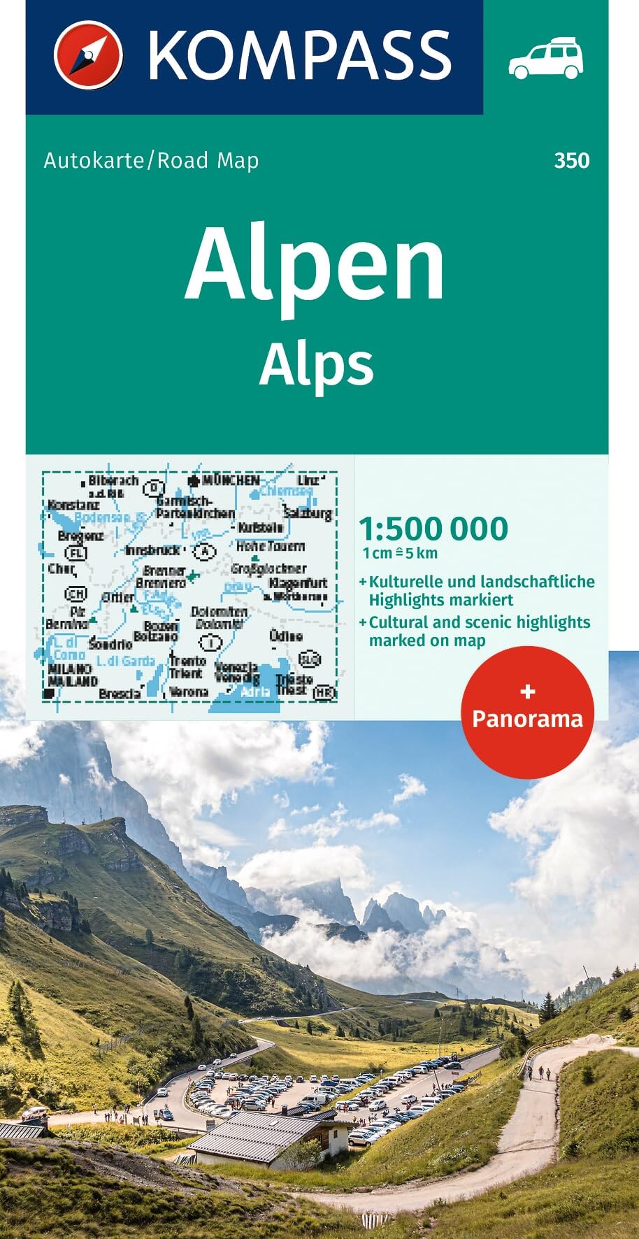 KOMPASS Autokarte KOMPASS Autokarte und Panoramakarte Alpen 1:500.000: mit Panorama auf der Rückseite: 350