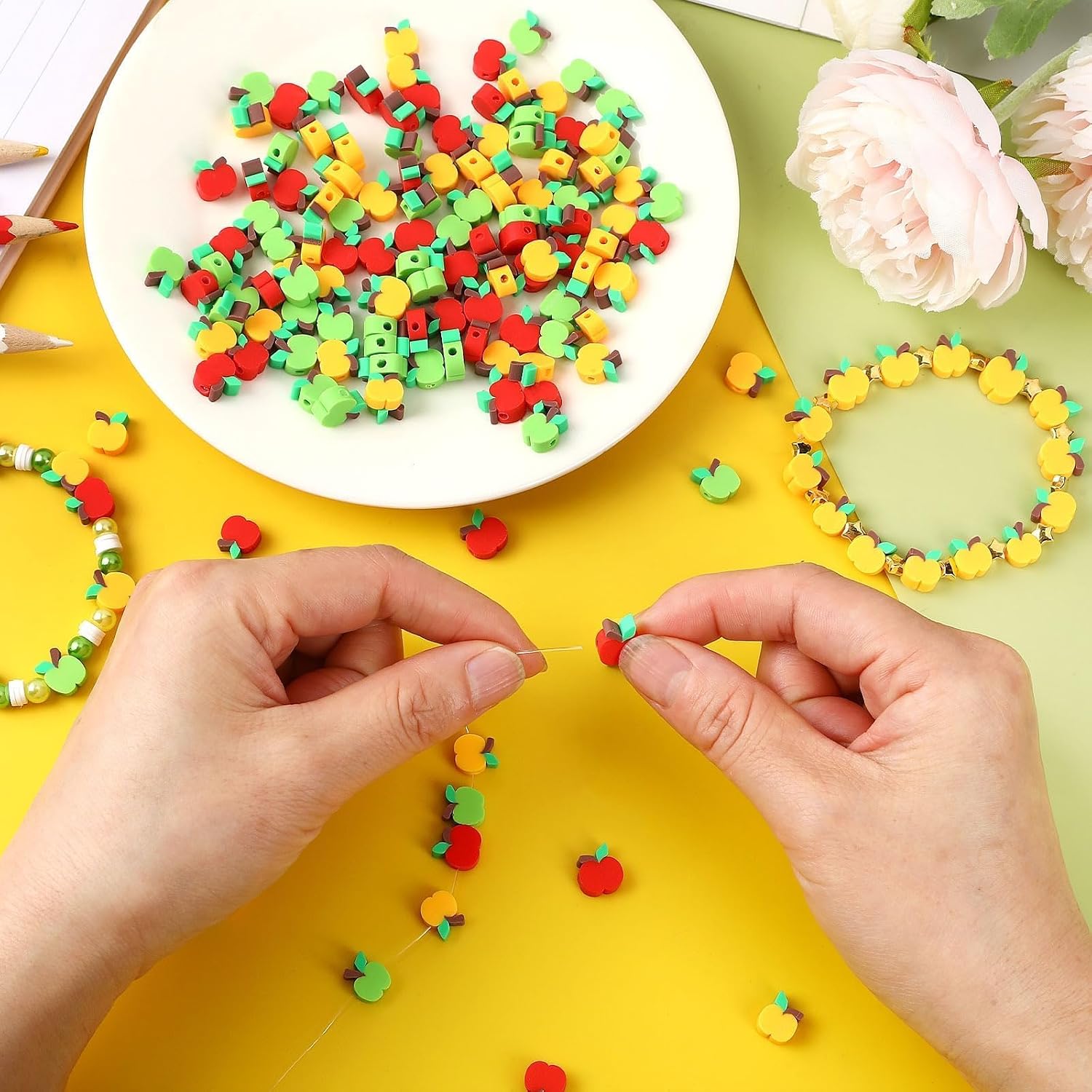 Augshy 300Pcs Apple Shaped Clay Beads Back to School Jewelry Craft Kit image 5