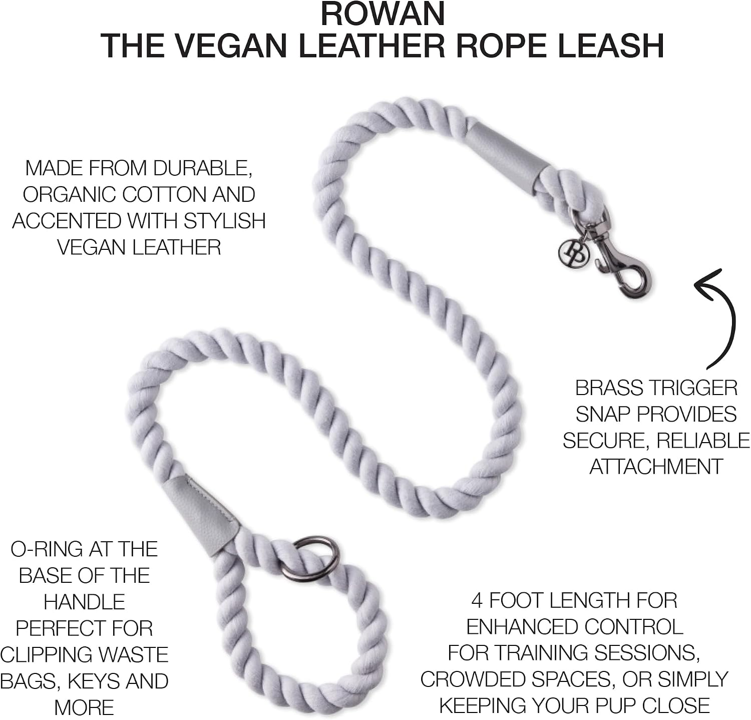 Pet Passion Rowan - The Twisted Rope Training Dog Leash​ Cotton Durable Heavy Duty Leashes, 4 Ft. for Close Walks for Small, Medium, Large Dogs​, Gray