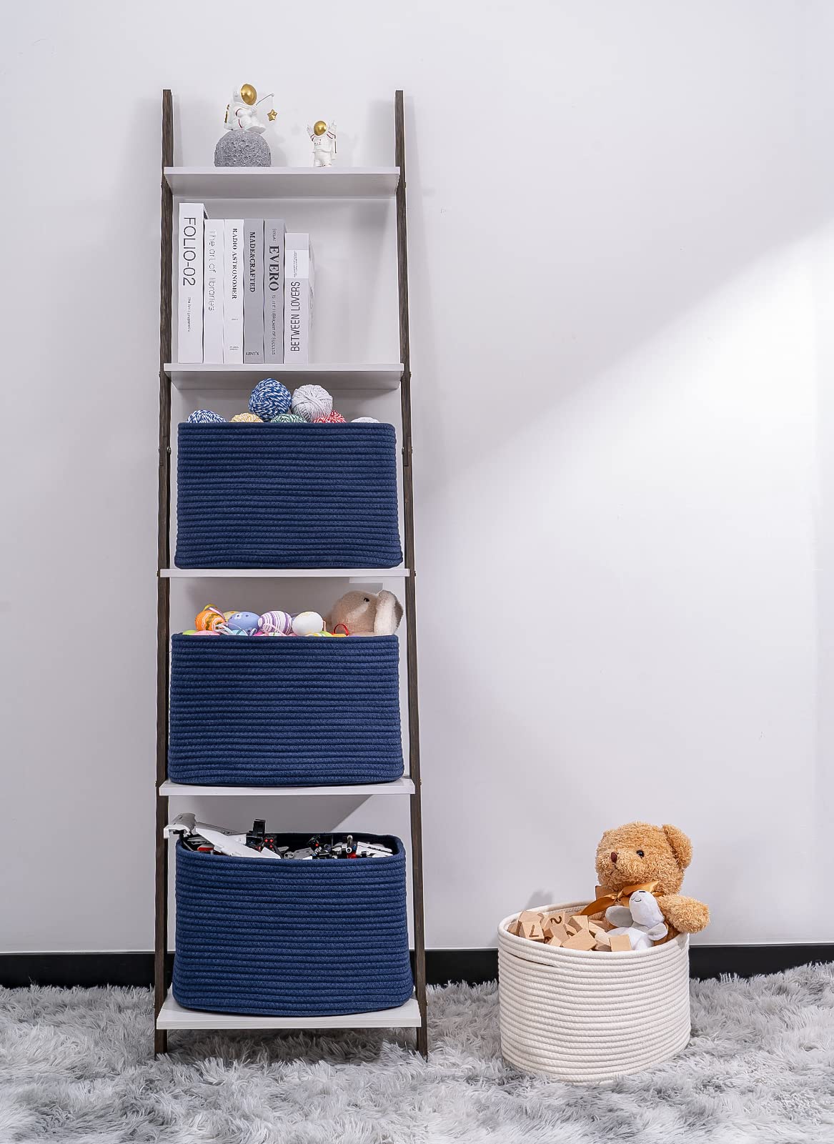 Kriitools Woven Baskets for Storage Set of 3ï¼ŒStorage Baskets for Shelves Soft Storage Cube Bins, Cute Cotton Rope Basket for Towel Basket Navy Blue