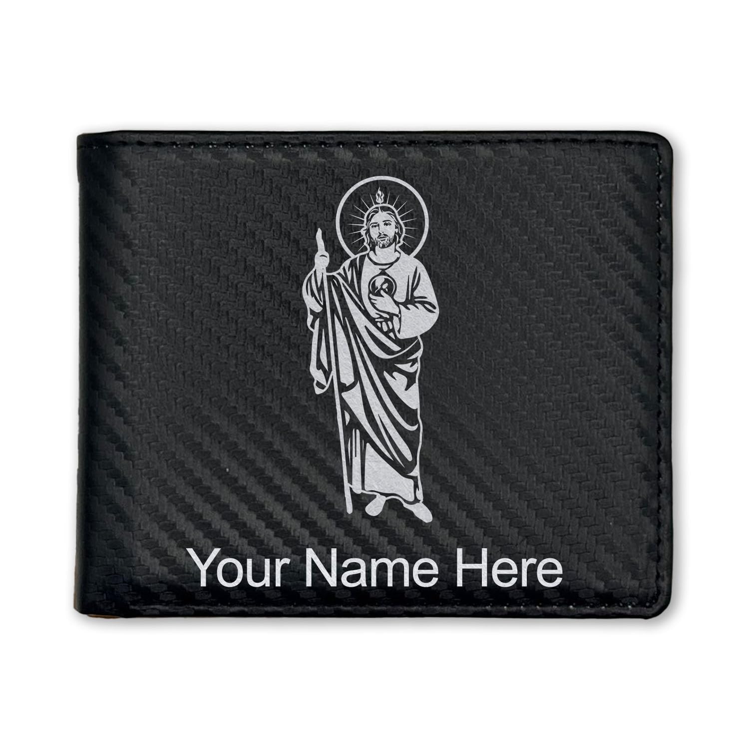 LaserGram Faux Leather Bi-Fold Wallet, Saint Jude, Personalized Engraving Included (Carbon Fiber Black with Silver)