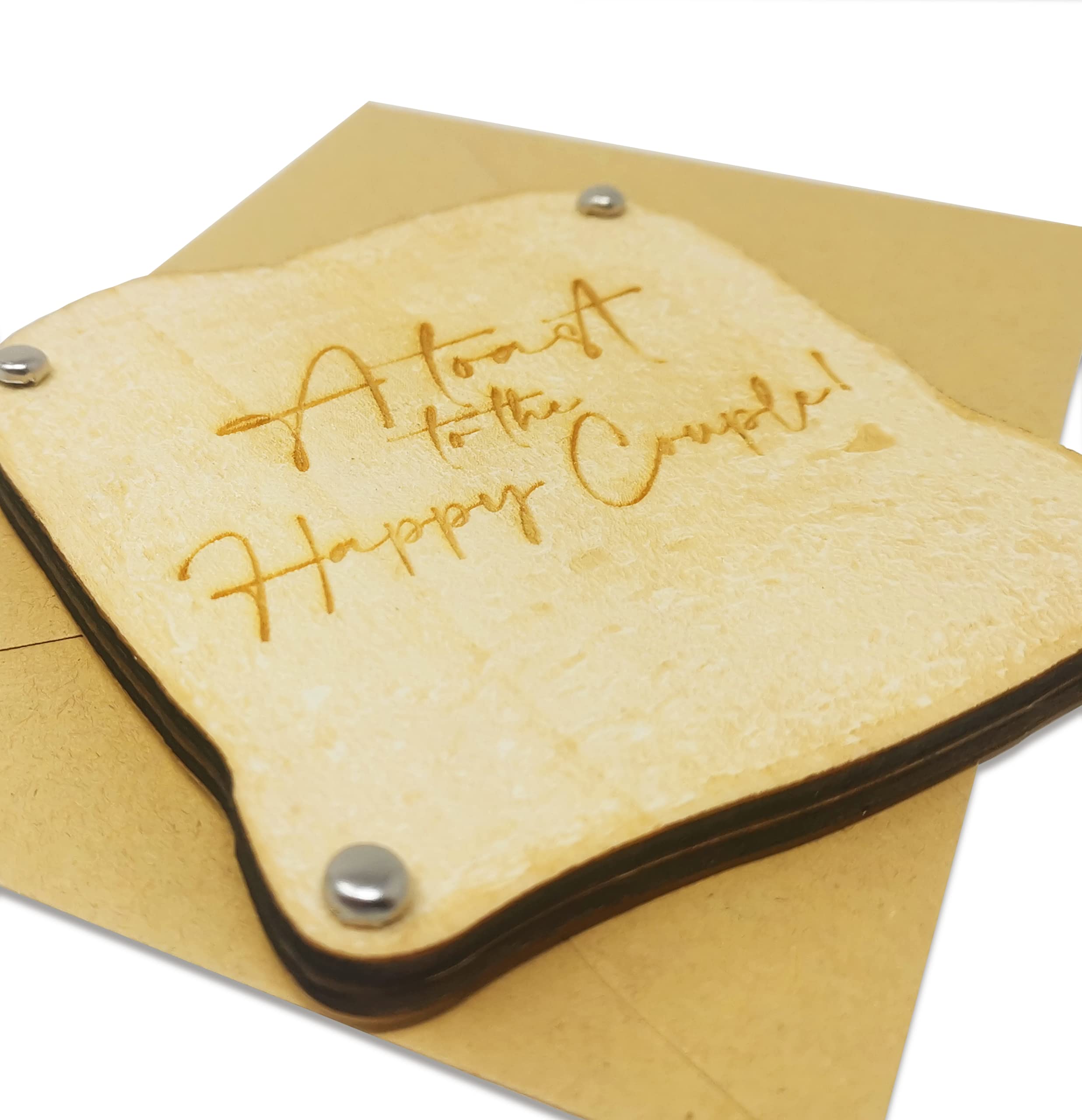 Biglietto Di Auguri Per Matrimonio In Legno Con Ciondolo A Forma Di Brindisi - 17x12 Cm - Busta Kraft E Timbro Di Cera Rossa - 4