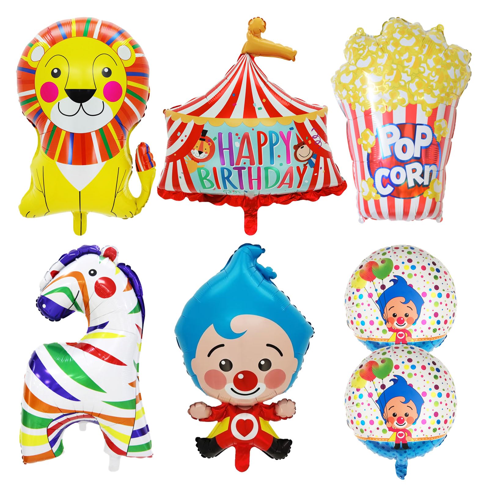 6 Pieces Circus Balloons for Carnival Theme Party Decorations, Clown Popcorn Foil Balloons Mylar Carnival Animal Circus Balloons, Circus Plim Plim Birthday Party Decorations