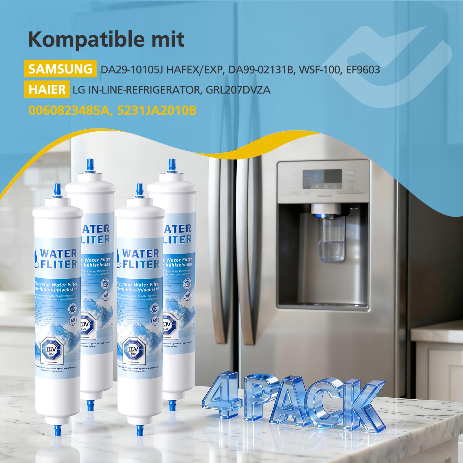 4 VILLAPOOL Wasserfilter Kühlschrank Ersatz für Samsung Kühlschrank Wasserfilter DA29-10105J, DA29-10105J HAFEX/EXP, DA99-02131B, WSF-100, EF9603, LG Inline-Kühlschrank