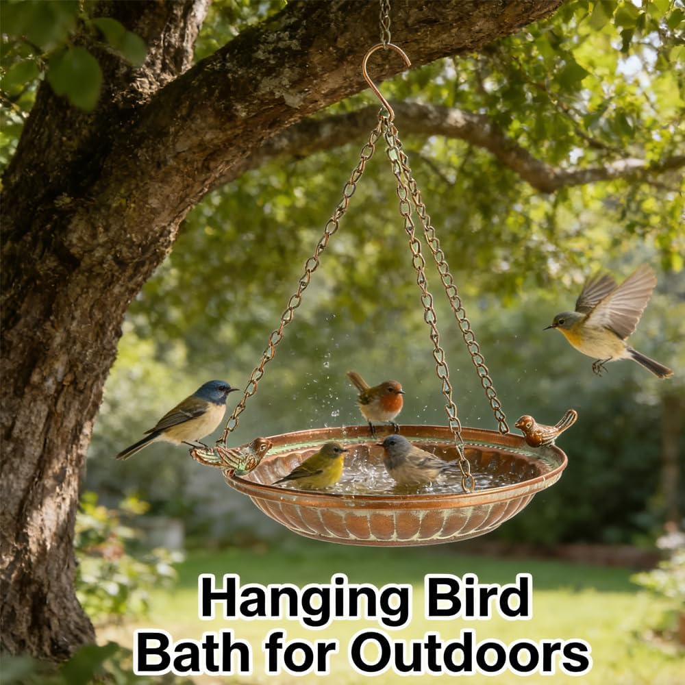 Hanging Bird Bath for Outdoors - 16" Copper Bird Bath Basin | Bird Bath Bowl for Garden, Backyard, Patio Decoration