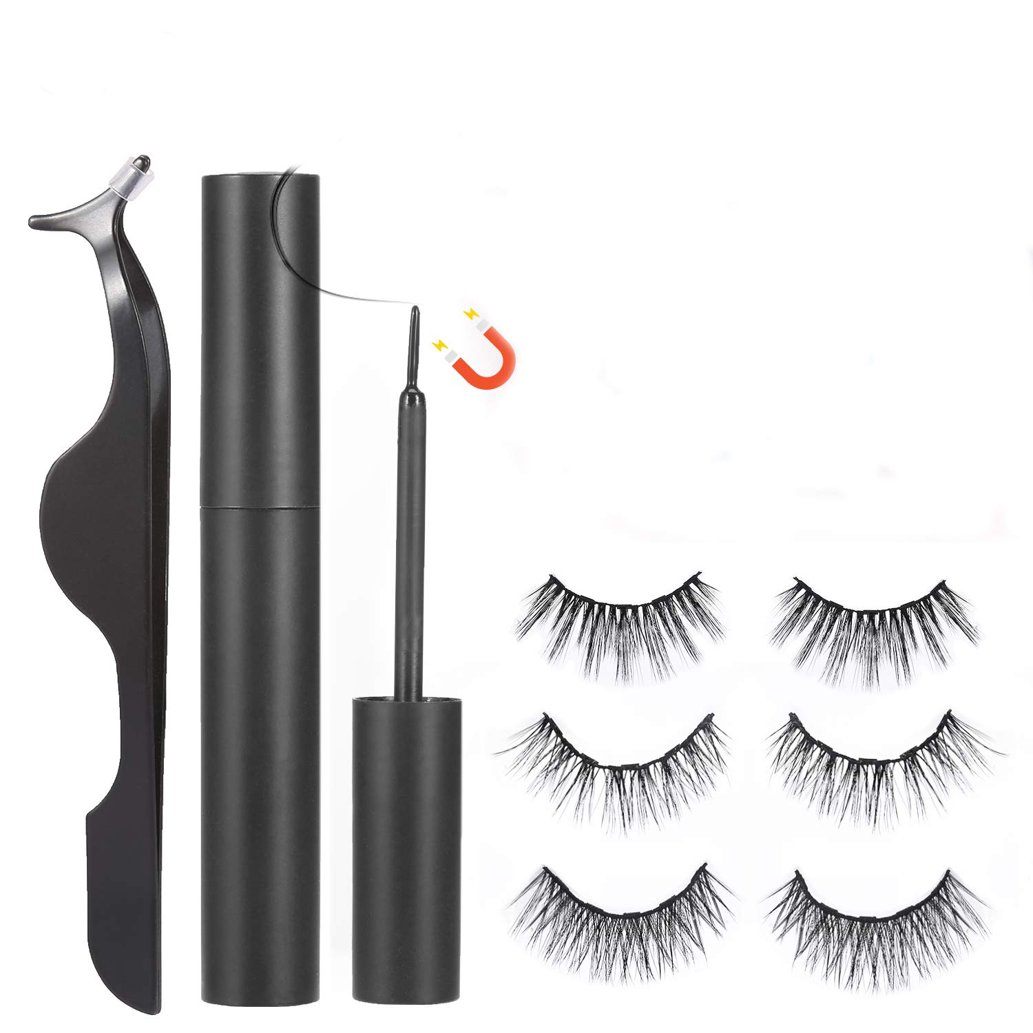 No Glue Gel Reusable False Magnetic Eyelash and Eyeliner Kit, 3 Style Pairs Natural Look Lashes Pack, Waterproof and Easy Use for Small Eyes Fake Eyelashes, Black Tweezers