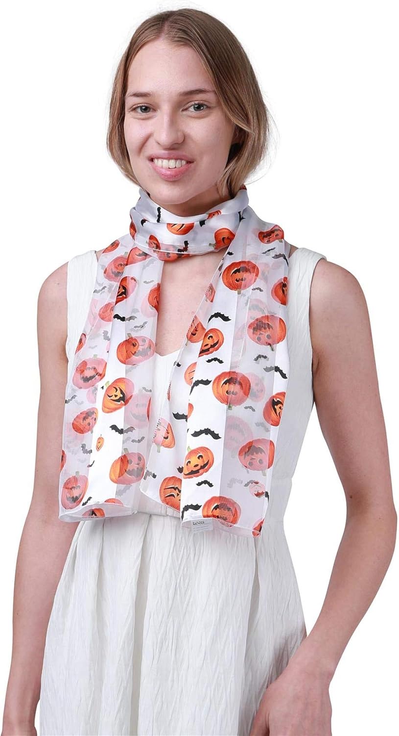 Basic Sense Satin Halloween Scarf with Jack O'Lantern Bat pumpkin Motif, 31 - White - Image 3