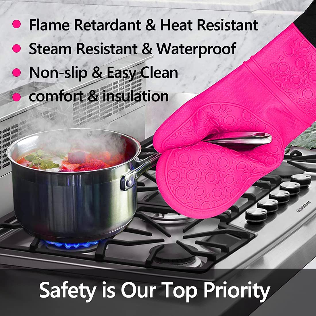 silicone oven mitts and pot holders set, mtzrfll extra long heat resistant oven gloves with hot pads and mini oven mittens for grilling, kitchen cooking baking, quilted lining, pack of 6 (rose)