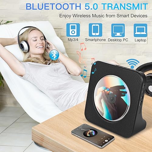 Miniatura 3 de Reproductor de CD portátil con Bluetooth, reproductor de CD de escritorio con altavoces duales, reproductor de CD de radio con puerto AUX USB,
