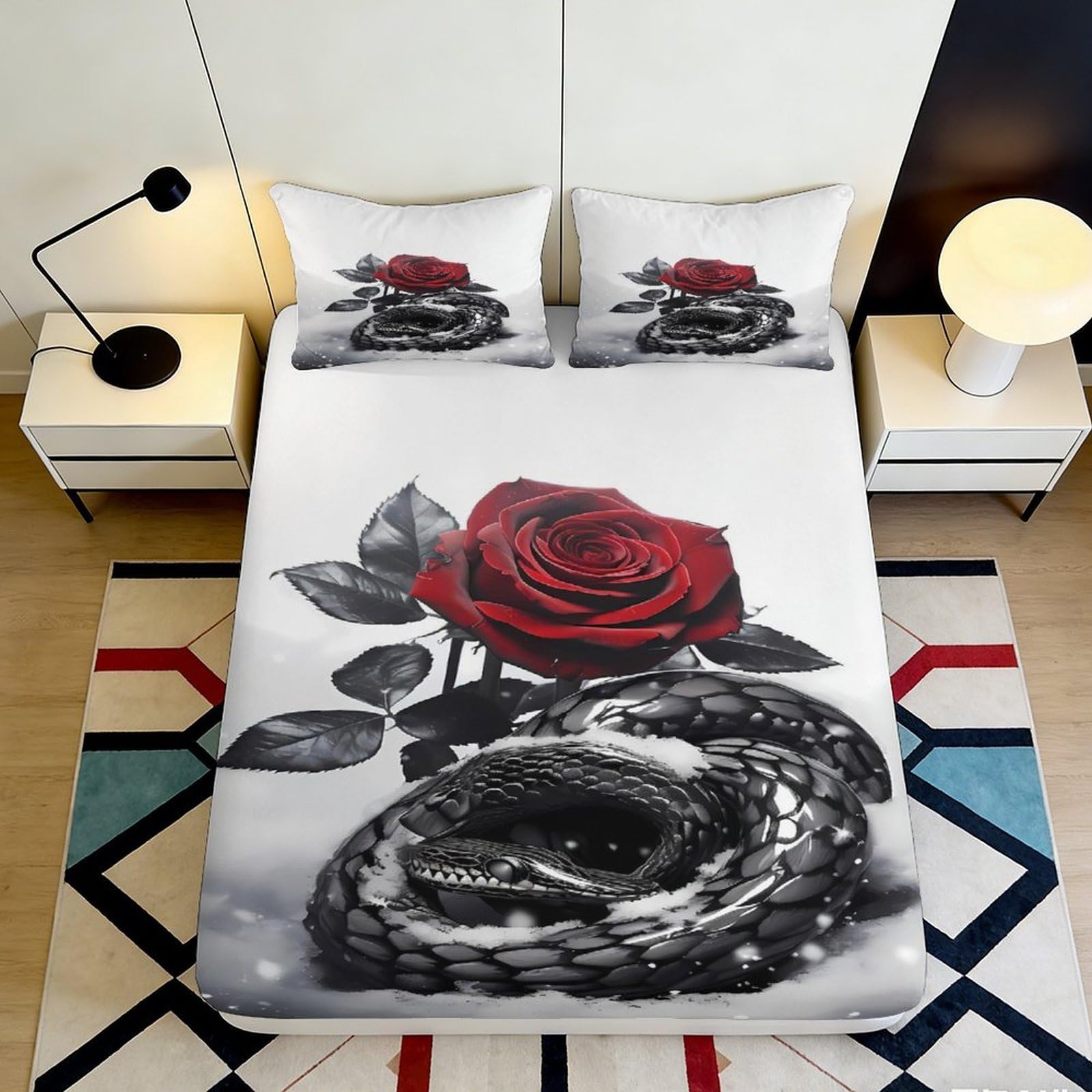 Uxinyoume Style-9 3D Printed Red Rose Fitted Sheet Microfiber Snake Art Mattress Cover Anti-Slip Bedroom Decor Machine Washable 90X200x25cm