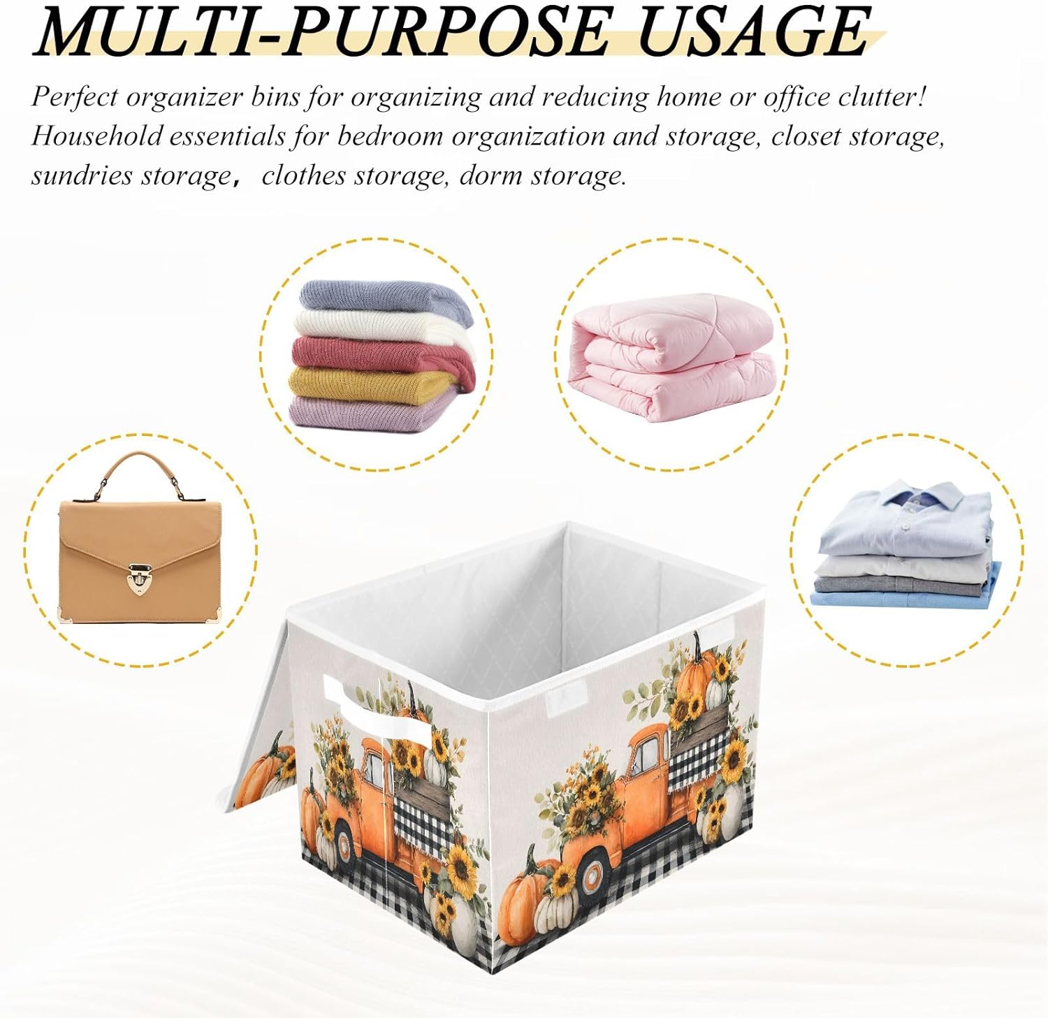 Storage Bins with Lids and Handles,Orange Truck Pumpkin Sunflower Storage Box Basket with Cover Collapsible Organizer Containers for Home Closet, Shelves