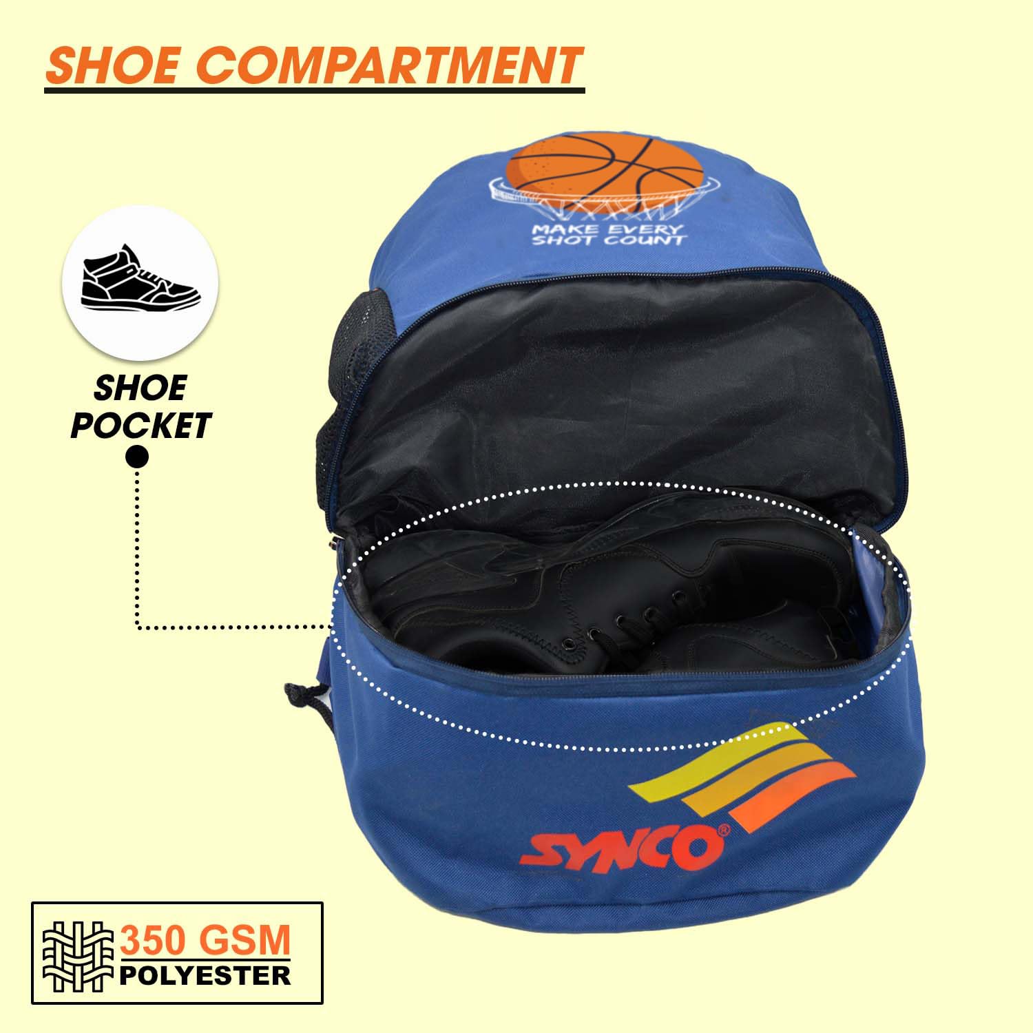 Synco Champion Ball Carry Bag | Sports Equipment Drawstring Bag for Carrying Basketballs | Separate Shoes Compartment & Bottle Holder Pocket | Backpack (Blue) 3