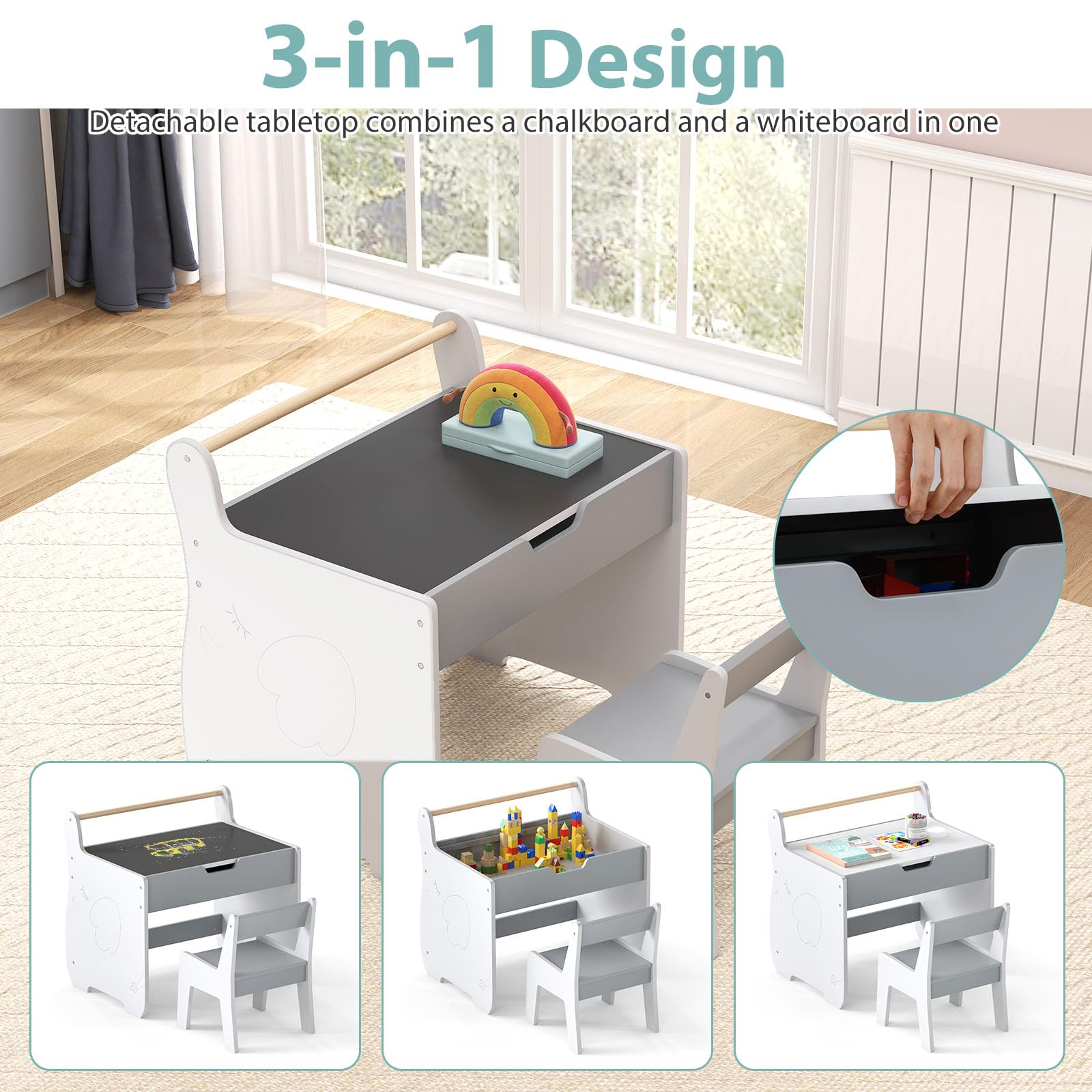 LIFEZEAL Kindertisch mit Stuhl, Abnehmbarer Kinderschreibtisch mit Stauraum, Kindersitzgruppe mit doppelseitiger Tafel, Kinder Tisch Stuhl Set zum Spielen, Lesen, Malen, Essen (Grau + Weiß)