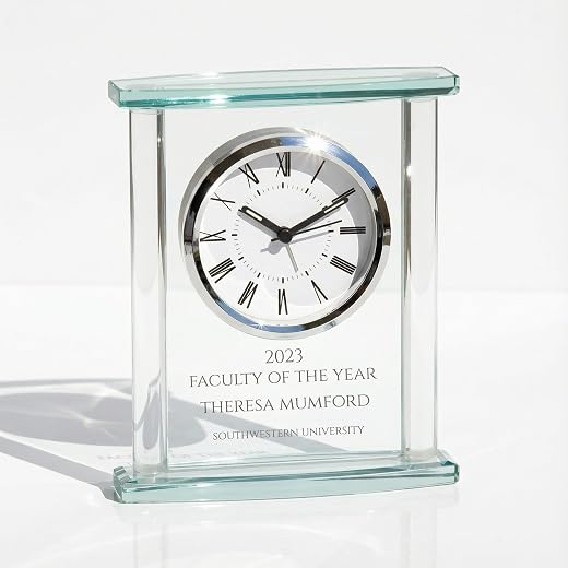 Personalized 7 Square Glass Clock Award, Custom Engraved Battery Operated Glass Desk Clock for Employee Appreciation, Recognition, Retirement
