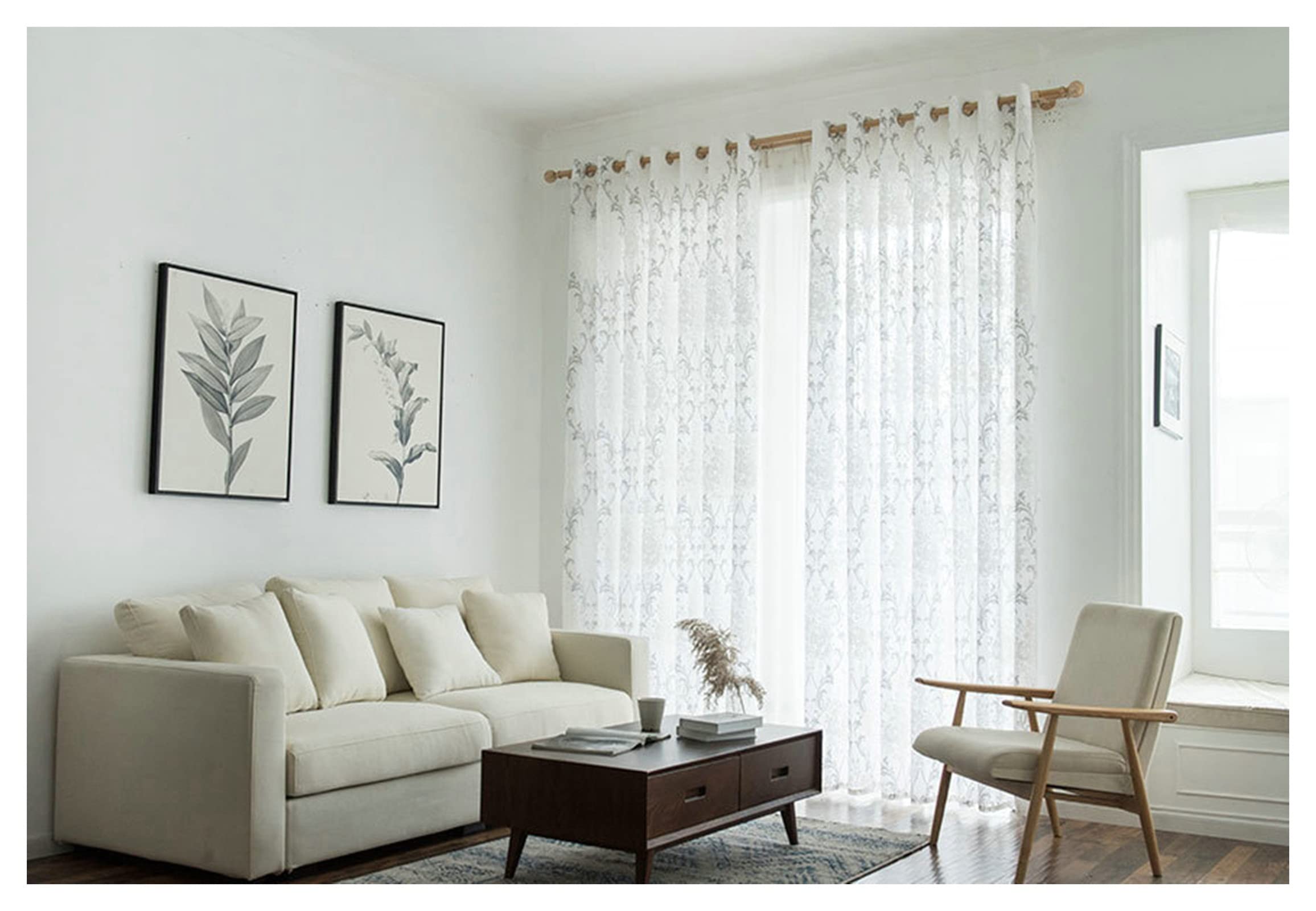 KnSam Tende grigie, 132 x 107 cm, con fiori ricamati, semitrasparenti, per finestra con occhielli, leggere, morbide, in poliestere, per camera da letto, set da 2 pezzi
