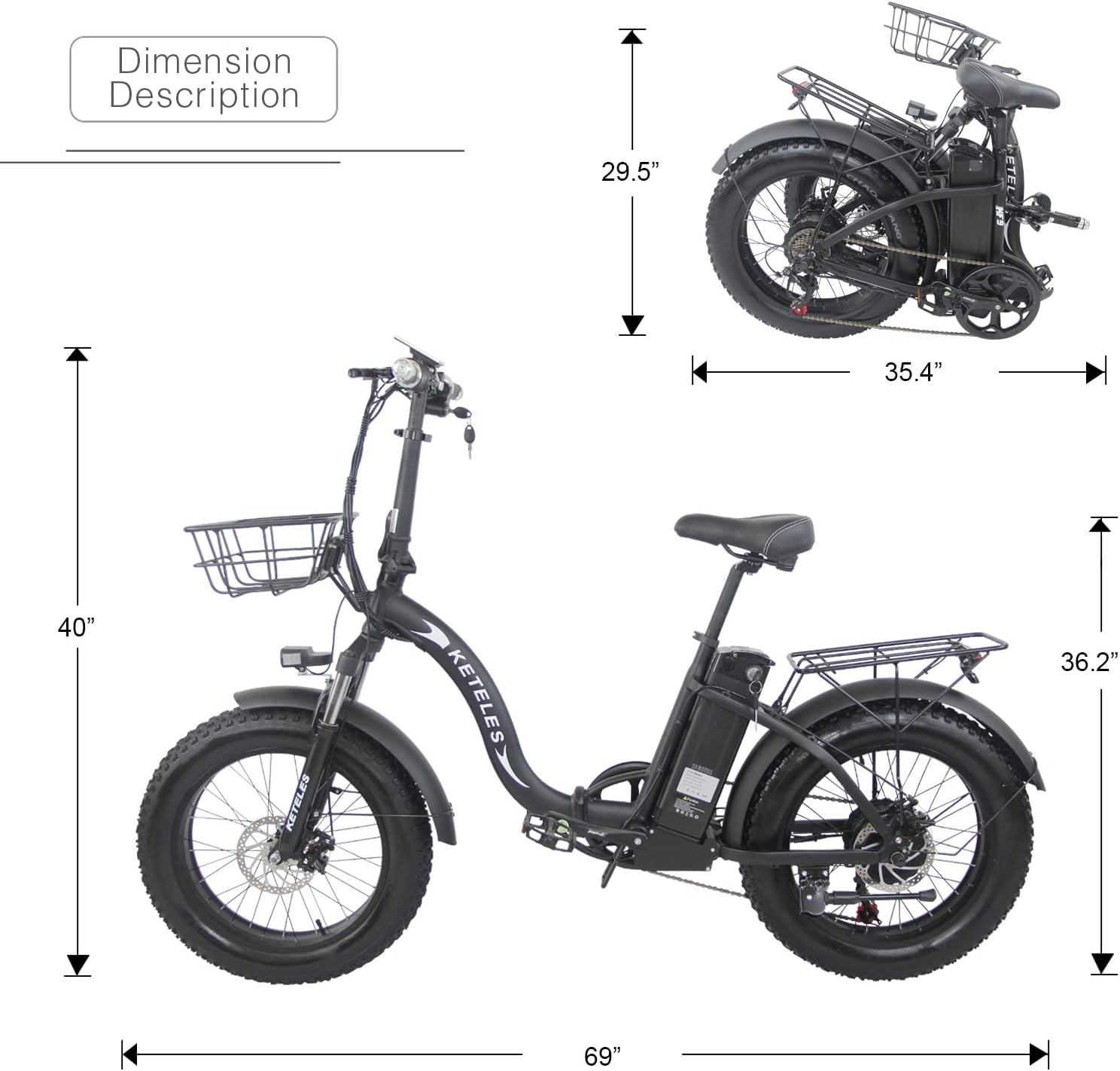 KETELES KF9 Electric Bicycle folded with dimensions