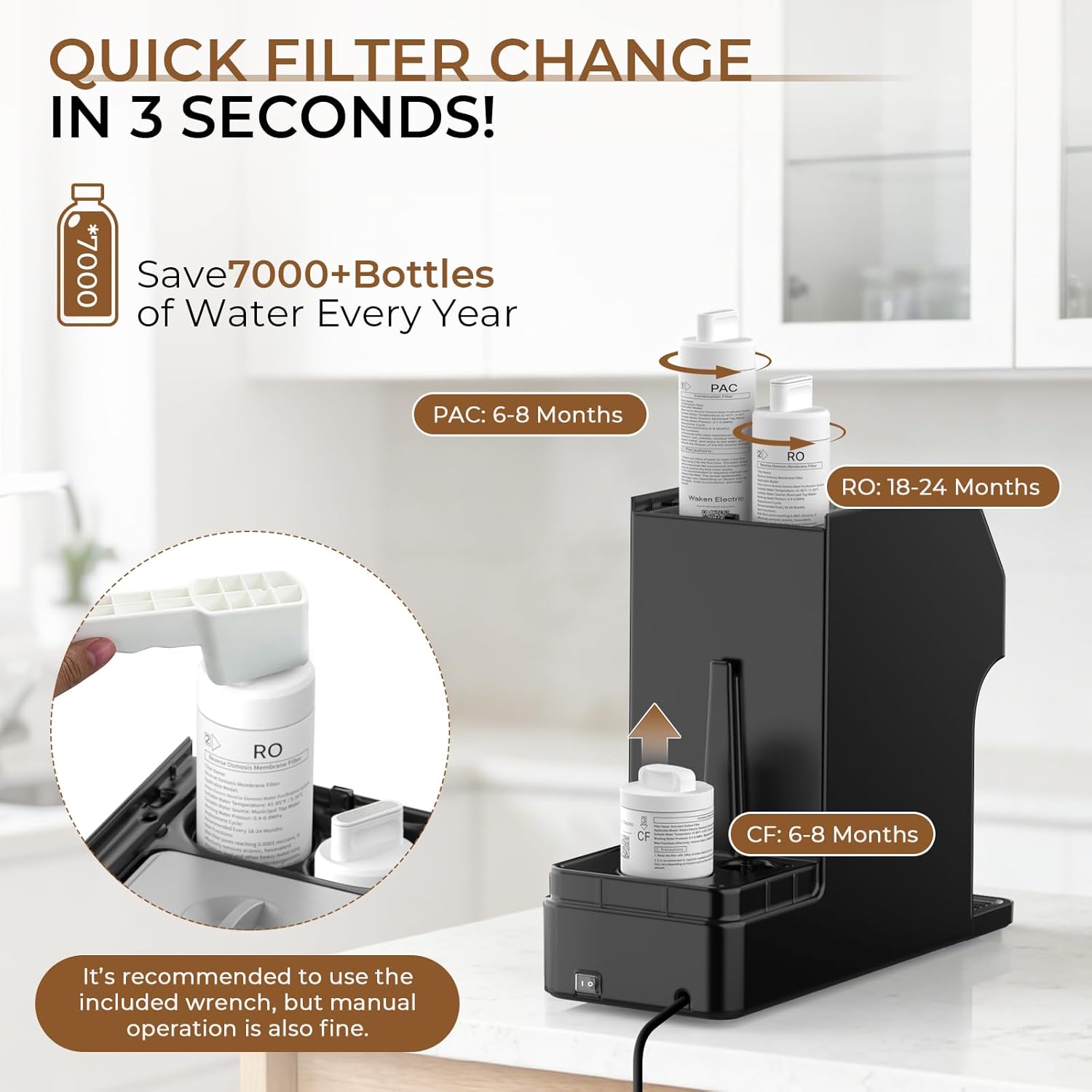 Waken Electric Reverse Osmosis Water Filter Countertop, UV Water Filtration System, 8-Stage RO Filtration Real Time TDS Display, BPA Free, PFAS, Lead & TDS Reduction (Obsidian Black)