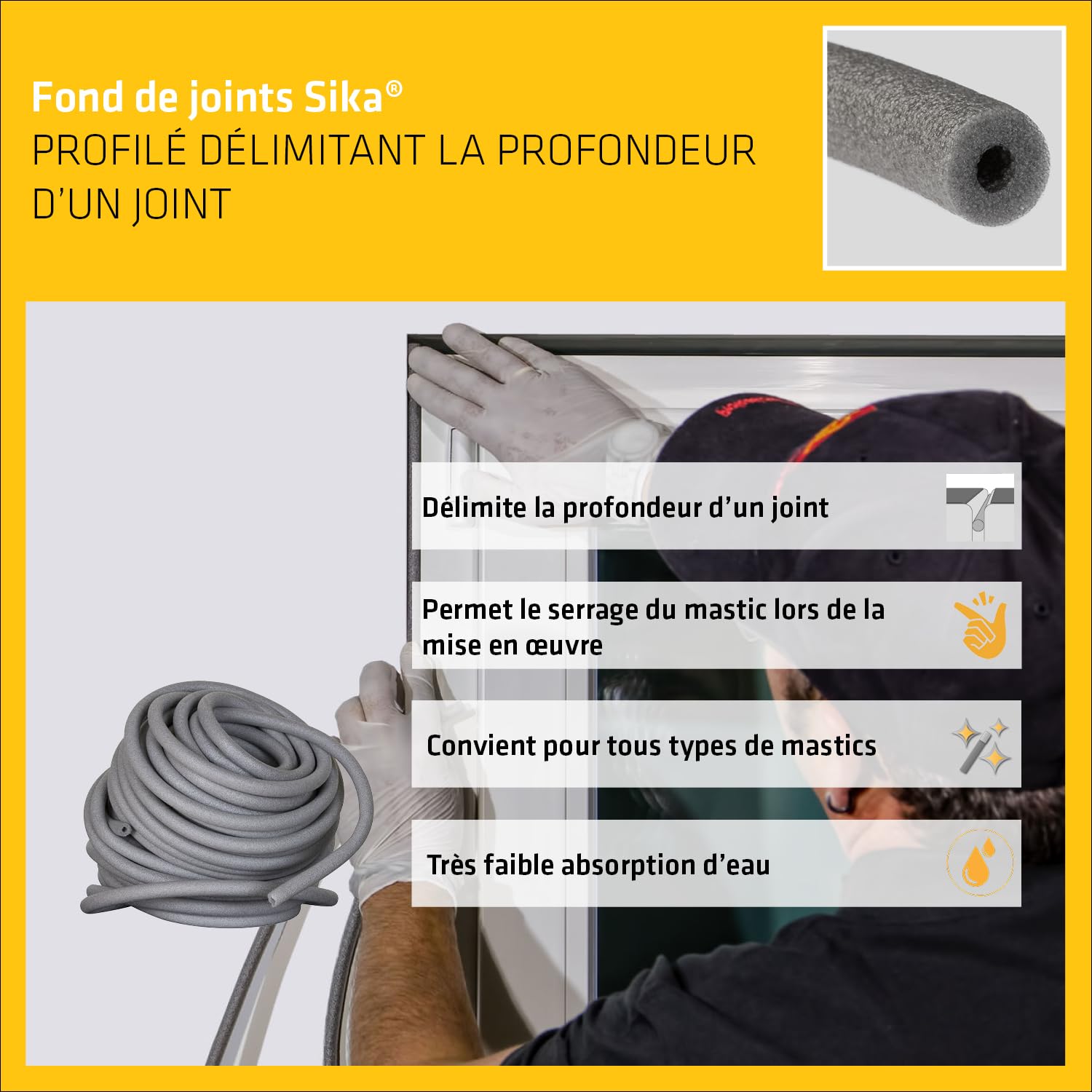 SIKA - Profilé mousse pour mastic - Fond de joints - 20mm x 50m | Délimite la profondeur du joint - Permet le serrage du mastic - Intérieur et Extérieur