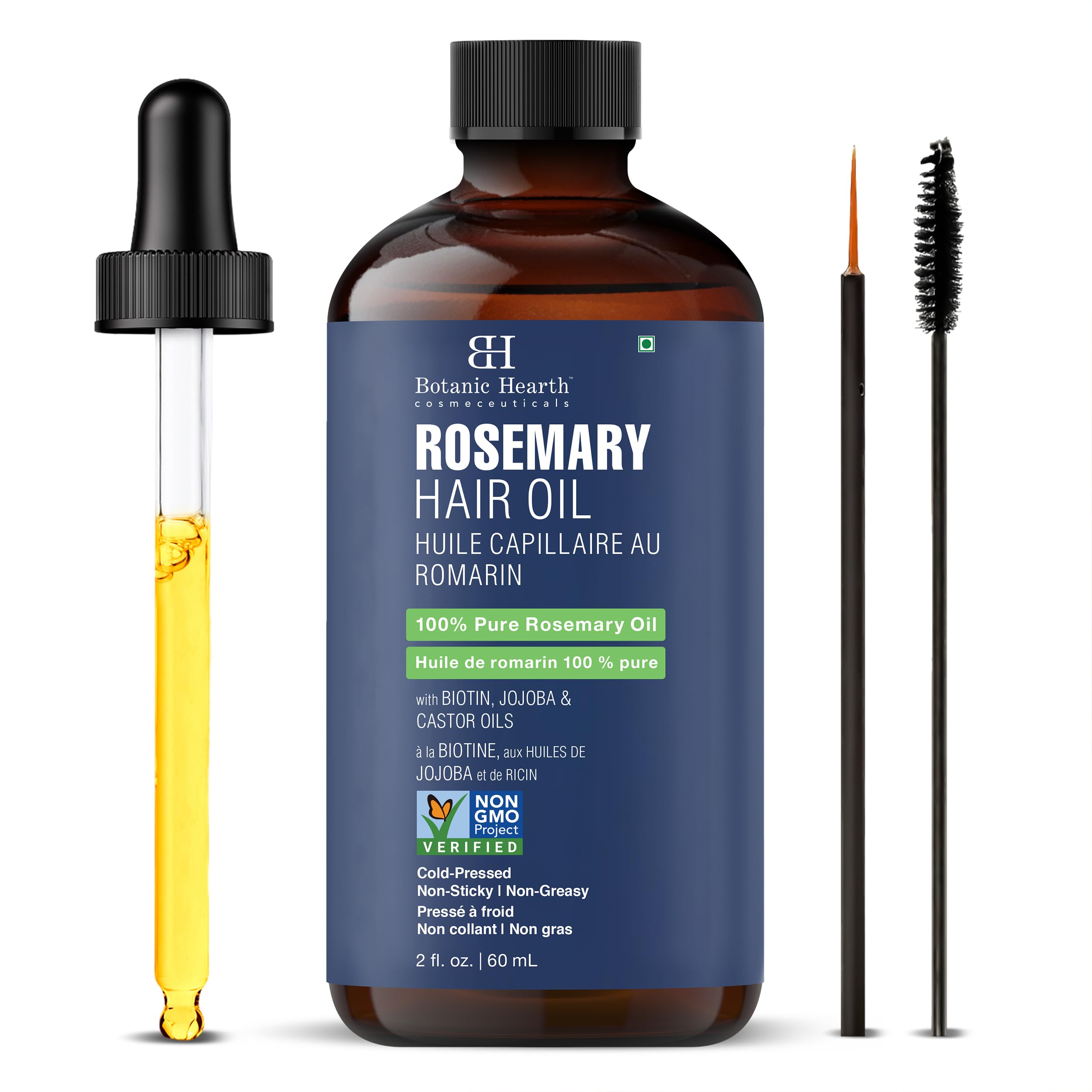 Botanic Hearth 100% Pure Rosemary Oil For Hair (2 Fl Oz) Infused With Biotin, Jojoba & Castor Oil | Hair Strengthening Treatment | Nourishing & Volumizing | Non Gmo Verified