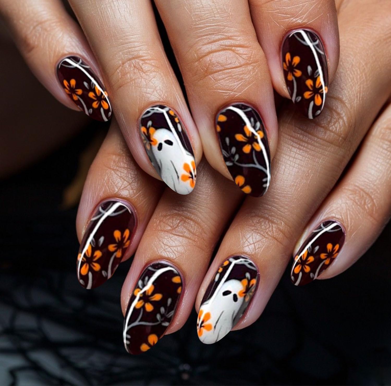 JMEOWIO Gel Nail Stickers Halloween Cute Ghost Flower Semi Cured Gel Nail Strips Wraps UV/LED Nails Art Design Decoration Accessories