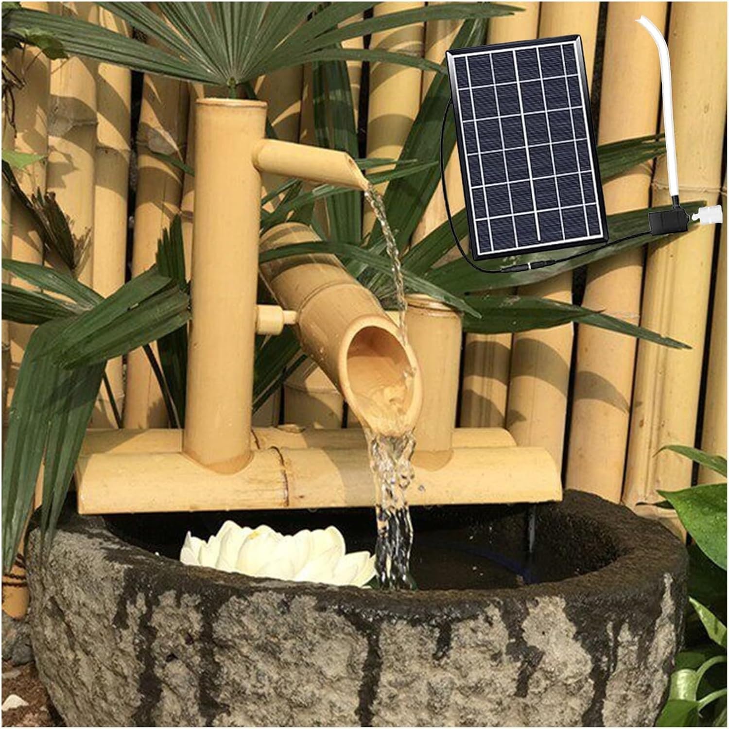 REHOOF Fontana di bambù Ad Energia Solare per Interni Ed Esterni, Fontana di bambù Tradizionale Giapponese A Dondolo Ornamenti, Decorazioni for Giardino Zen con Pompa'acqua per Prati,Stagni L 35CM