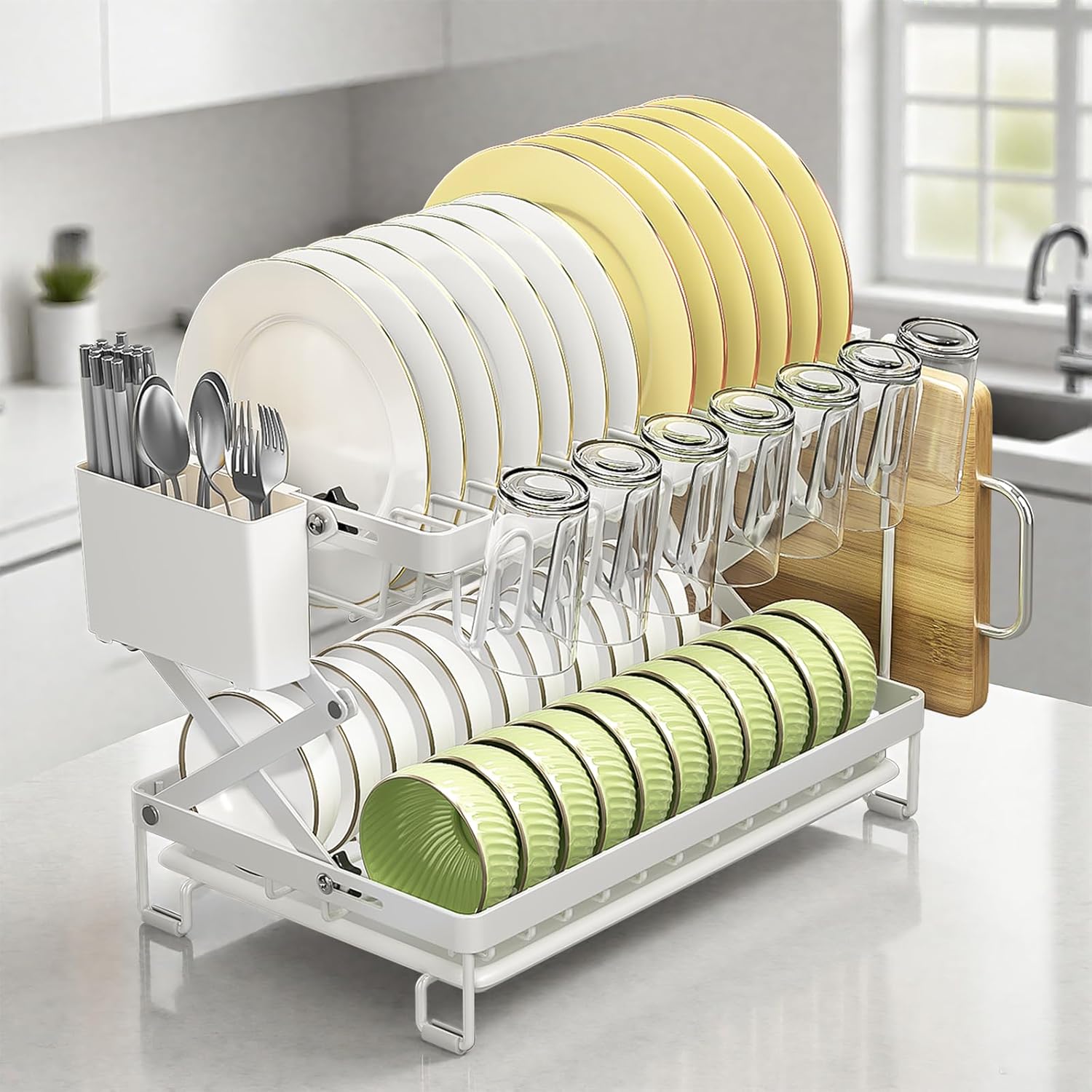 DEVA 2 Tier Dish Drying Rack, Foldable Utensils Drying Rack, Stainless Steel Dish Rack with Drainer Tray Without Installation, White DEVA 2 Tier Dish Drying Rack, Foldable Utensils Drying Rack, Stainless Steel Dish Rack with Drainer Tray Without Installation, White