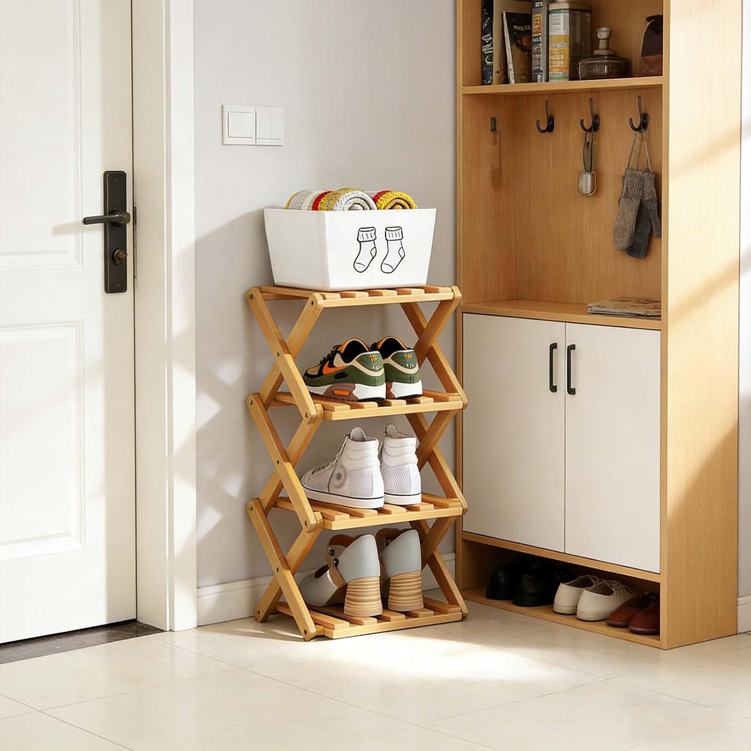 The 9-Tier No-Assembly Bamboo Rack, Bamboo Shoe Storage Rack, Foldable Vertical Organizer, Space-Saving Vertical Shoe Organizer for Entryway, Closet, Bedroom, Small Spaces (4 Layers)