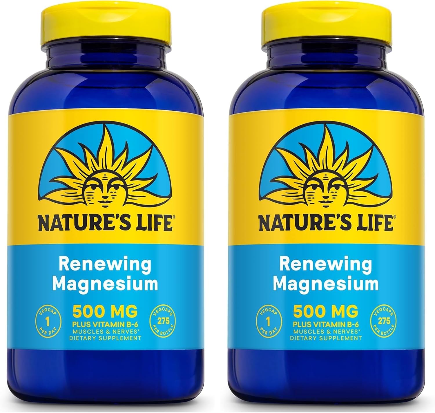 Nature’s Life Renewing Magnesium 500 mg - Magnesium Citrate, Magnesium Malate, Magnesium Oxide Plus Vitamin B-6 - Muscles and Nerves Support - Lab Verified - 275 Servings, 275 VegCaps (Pack of 2)