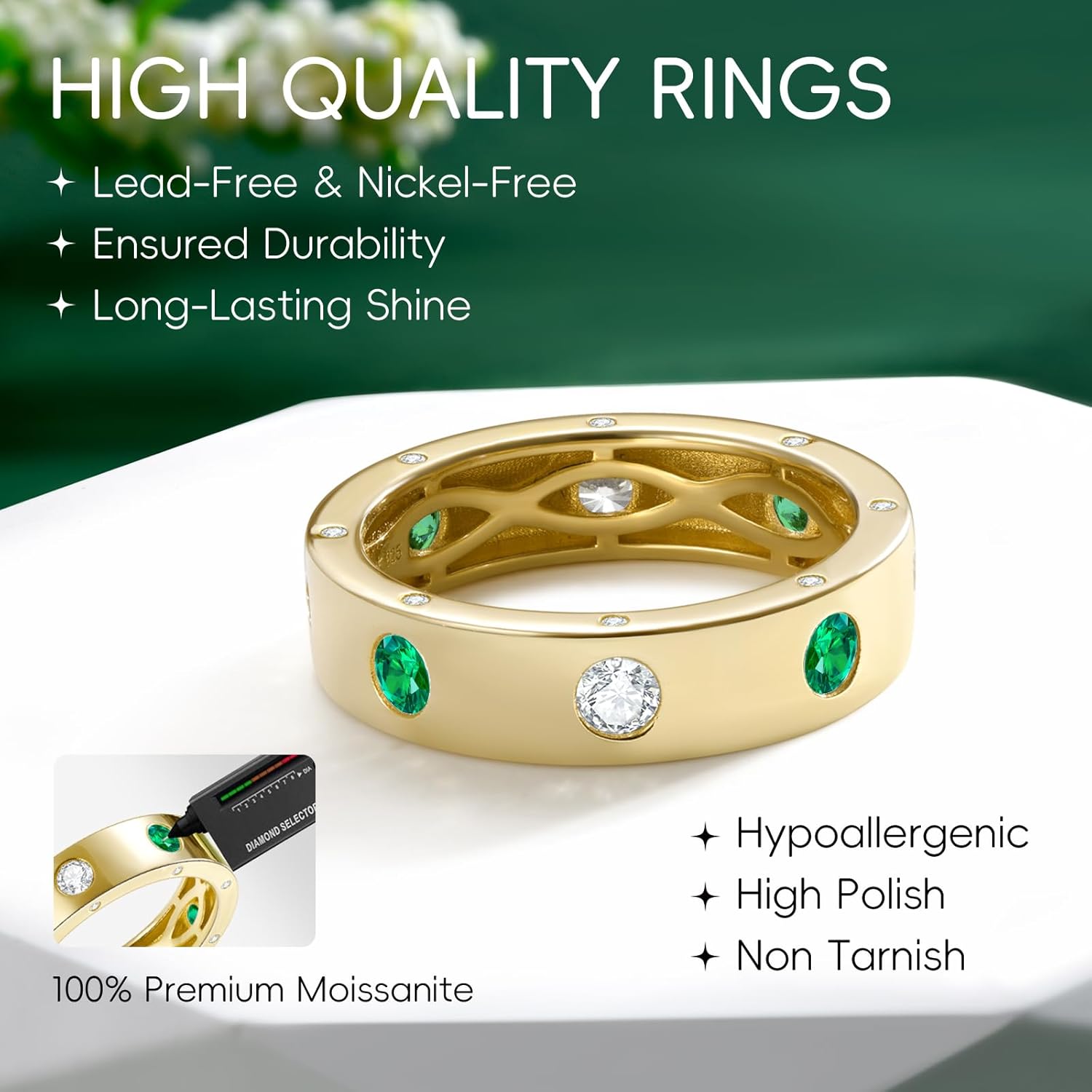 LEONIDS Dainty Eternity Wedding Rings for Women | Moissanite or Lab Grown Emerald 925 Sterling Silver 14K Gold Plated Stackable Band Non Tarnish | Birthday Jewelry for Her Size 4-10