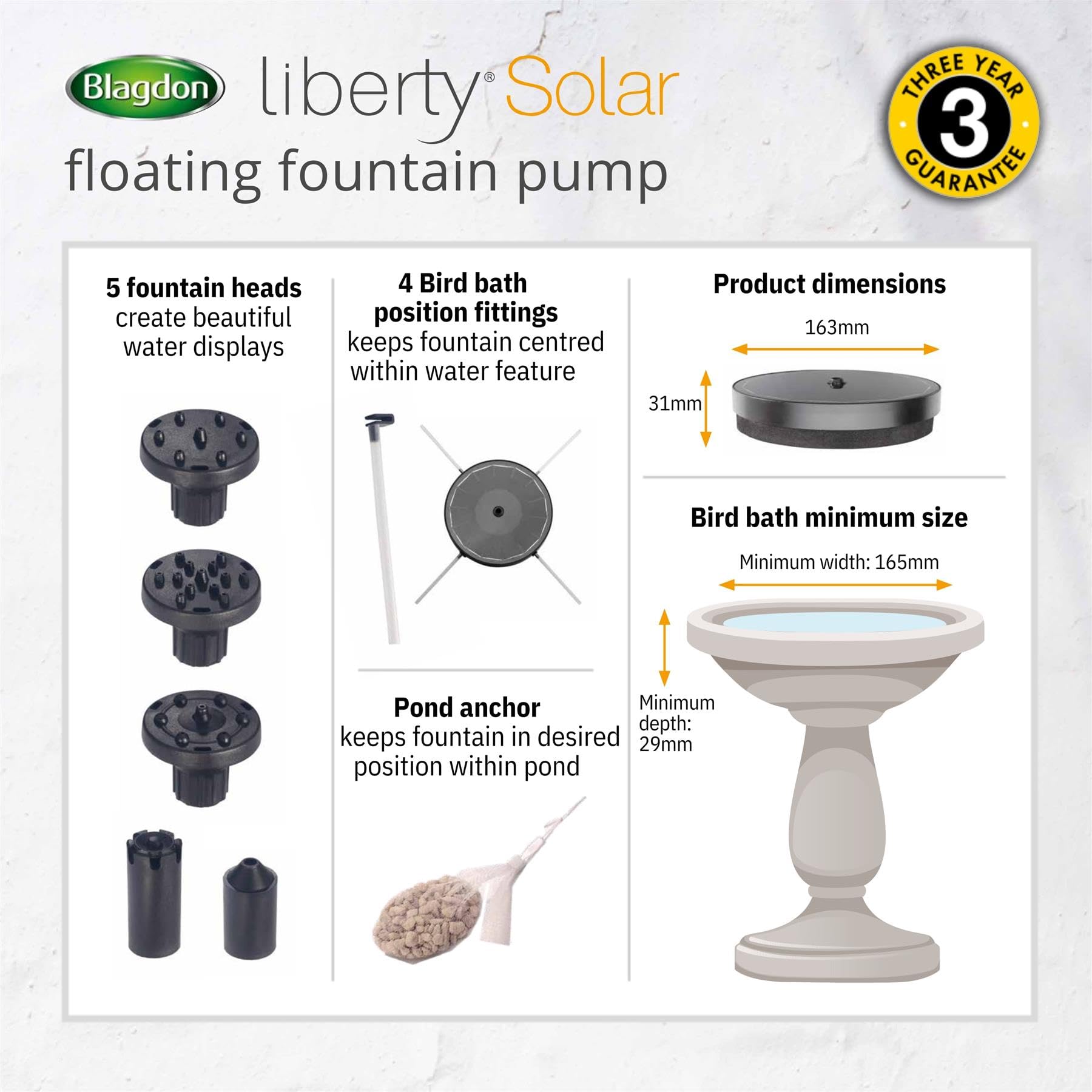 Blagdon Liberty - Pompa a fontana galleggiante solare per piccoli laghetti, giochi d'acqua, vaschette per uccelli, con pannello in cristallo, cinque display a fontana, tutti gli accessori inclusi,