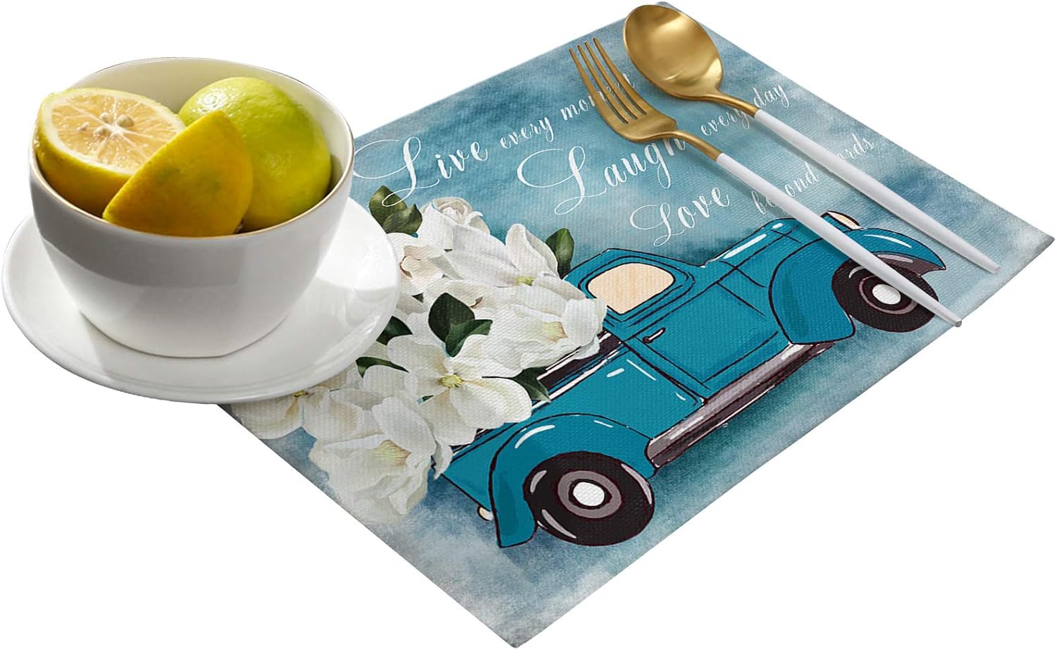 Placemats Set of 6,White Flower Floral Blue Truck Heat-Resistant Placemats for Dining Table,Cotton Linen Non-Slip Place Mats for Holiday Farmhouse Banquet Kitchen Table Decor