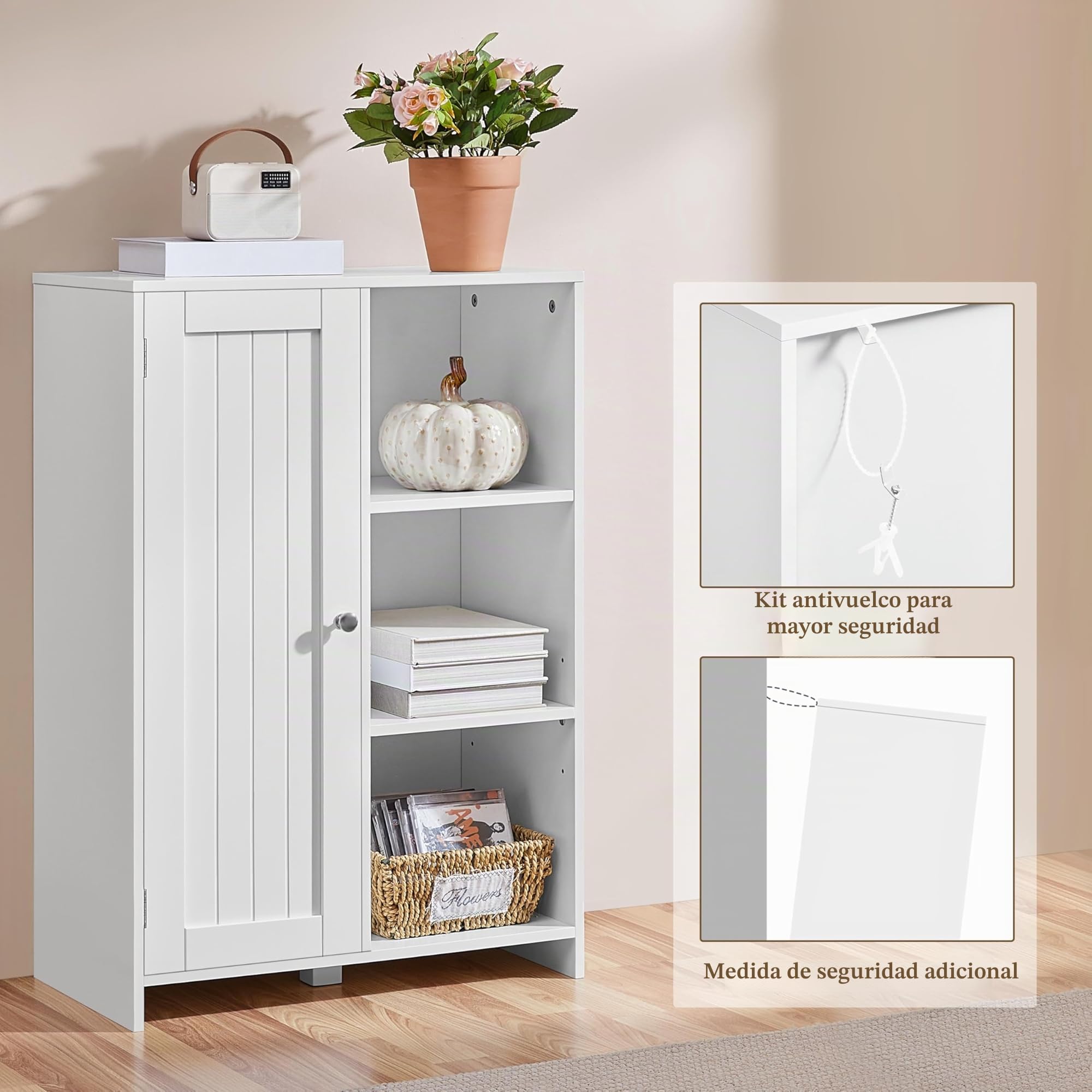 Yaheetech Armario de Suelo para Baño Moderno con Puerta Única 3 Estantes Abiertos Mueble de Almacenaje para Baño Oficina en Casa Blanco