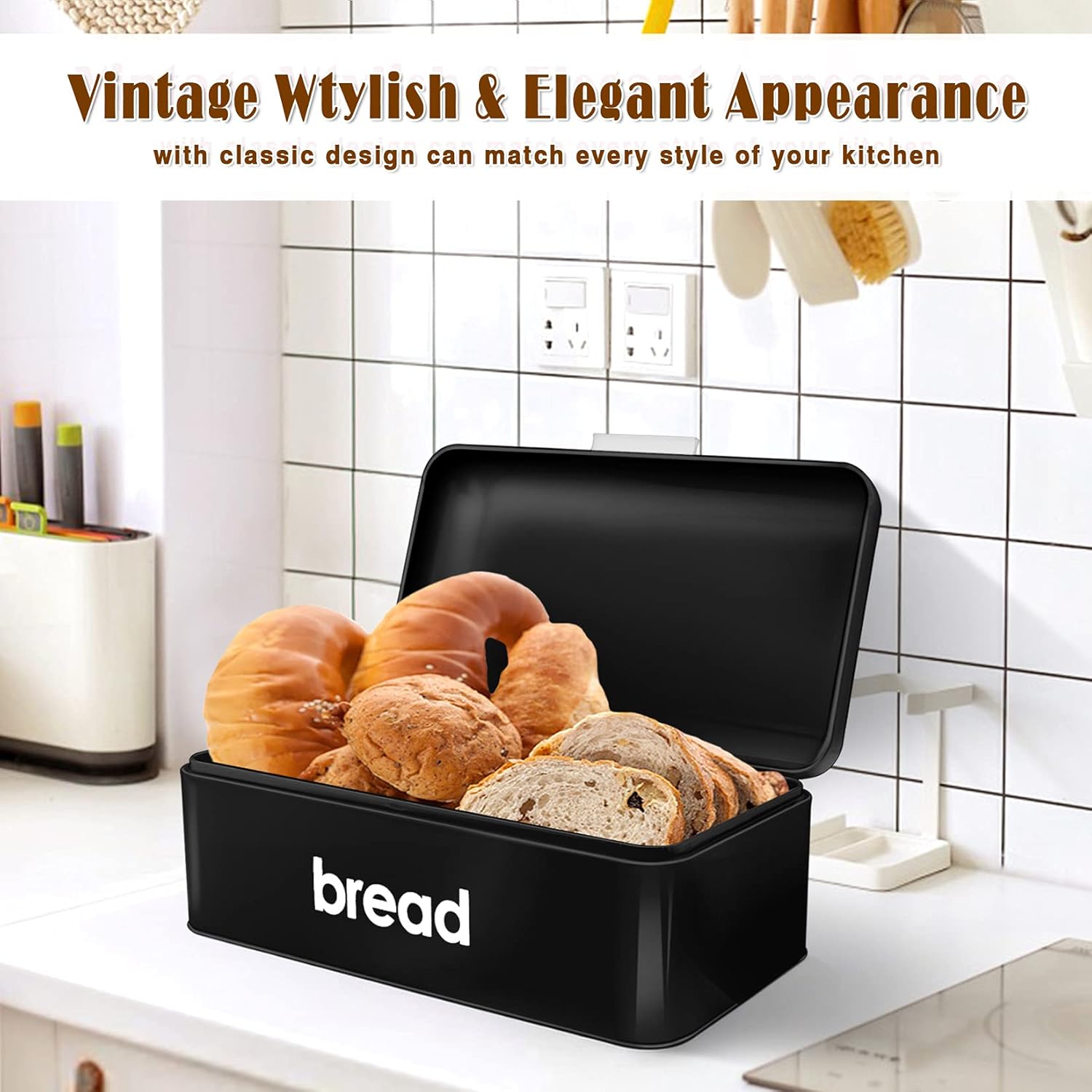 P&P CHEF Bread Box(16.5" x 9"), Teal Bread Bin For Kitchen Counter, Storage Loaf/Doughnut/Cake/Biscuit/Baked Goods, Smooth Surface &Sturdy Handle & Air Holes, Black