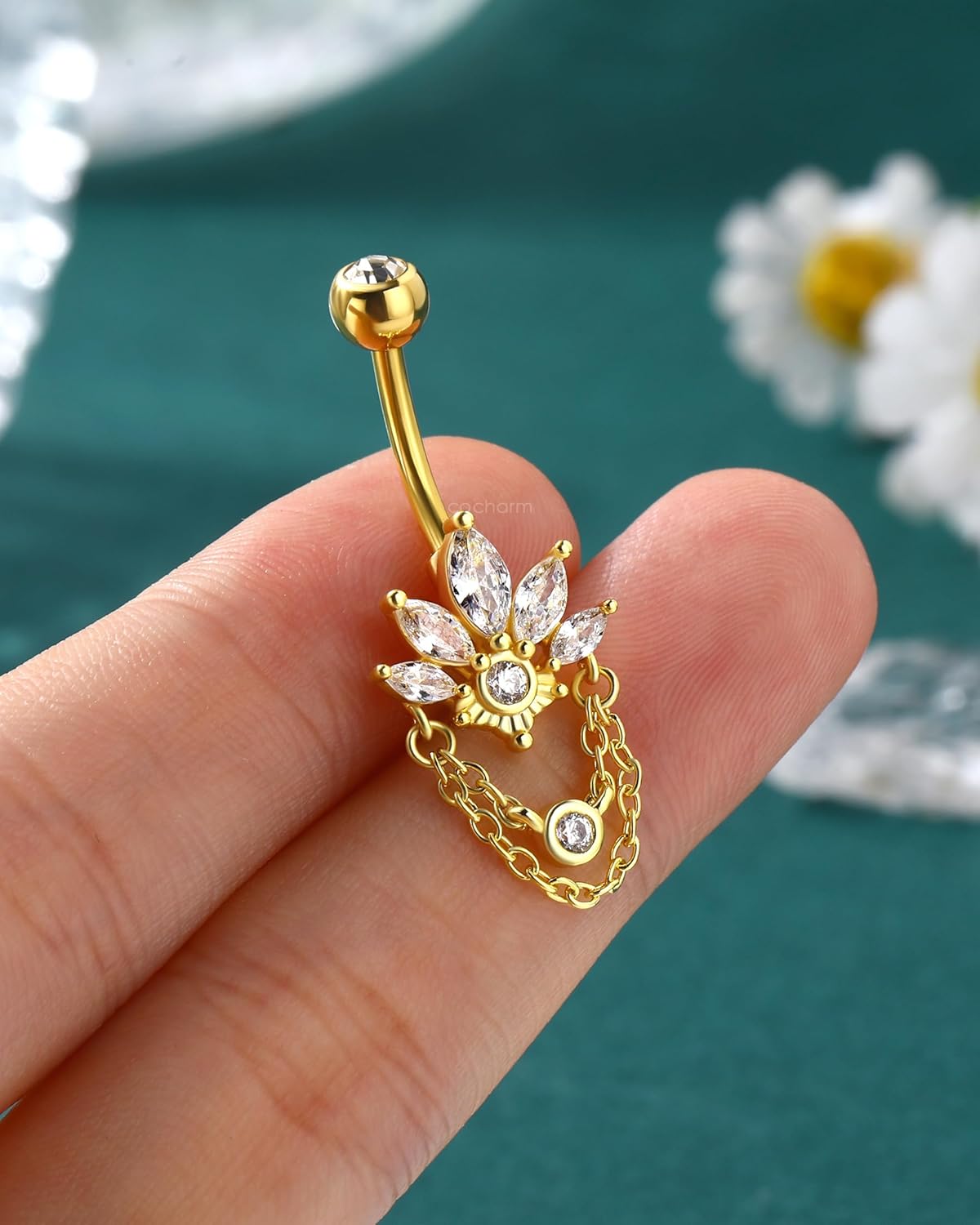 COCHARM 14G Lotus Belly Button Rings Dangle Belly Navel Rings for Women Surgical Steel Navel Piercing jewelry - Image 6