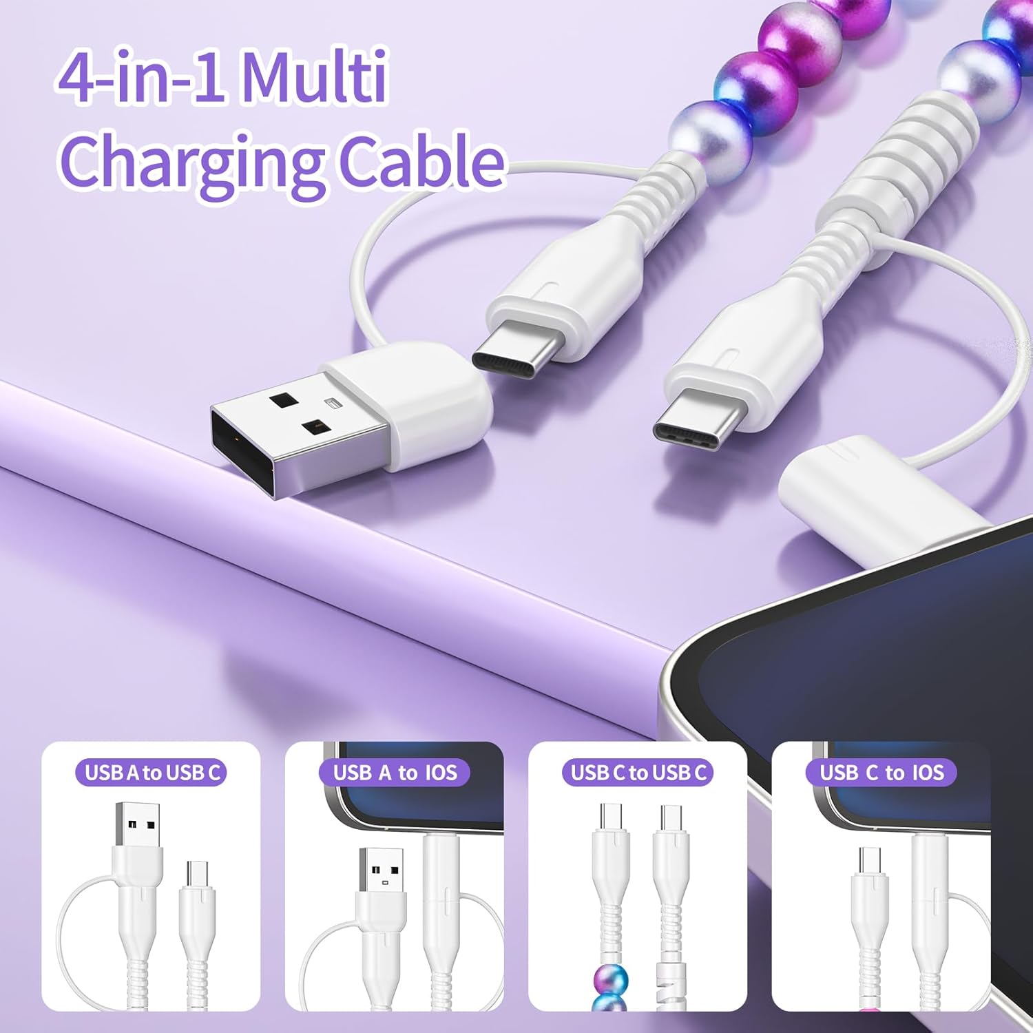 VOFUOE USB C Cable for iPhone 17 Charging Cord [MFi Certified] Gradient Pearl Beads 4 in 1 Multi Charging Cable 3.3FT Girls Fast Charging for iPhone 16 for Galaxy S25 & Most Devices-Purple Blue - Image 2
