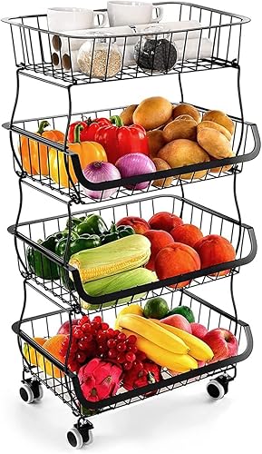 Cesta de almacenamiento de frutas y verduras para cocina, cesta apilable de alambre de metal de 4 niveles con ruedas rodantes, estante de frutas,