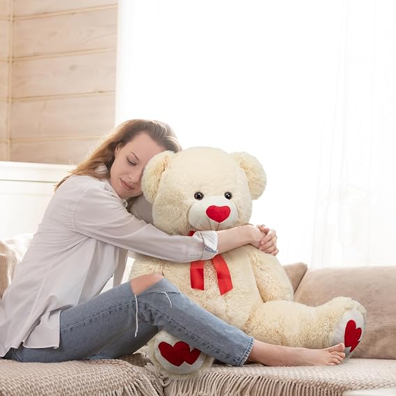 BEJOY Giant Teddy Bear 91cm Stuffed Animal Large Bear Plush with Red Heart | Big Teddy for Girlfriend and Kids Valentine's Day 36 inch Beige