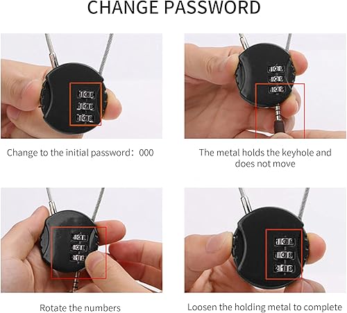 Miniatura 7 de Paquete de 4 candados de combinación de 3 dígitos impermeables para exteriores, mini cerradura de combinación de cuerda de alambre para mochilas,