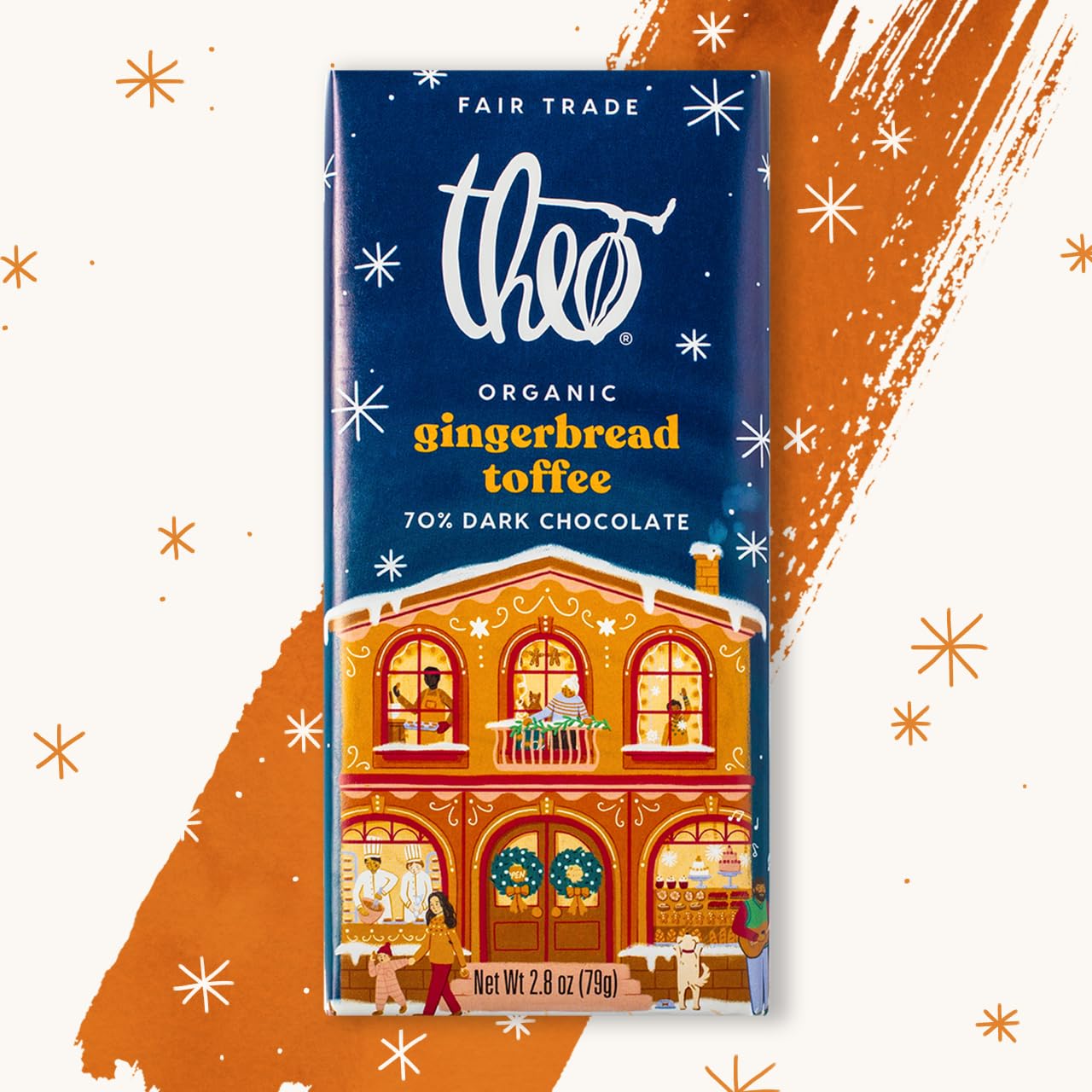 Theo Chocolate Holiday Gingerbread Toffee Organic Dark Chocolate Bar, 70% Cacao, 6 Pack | Fair Trade