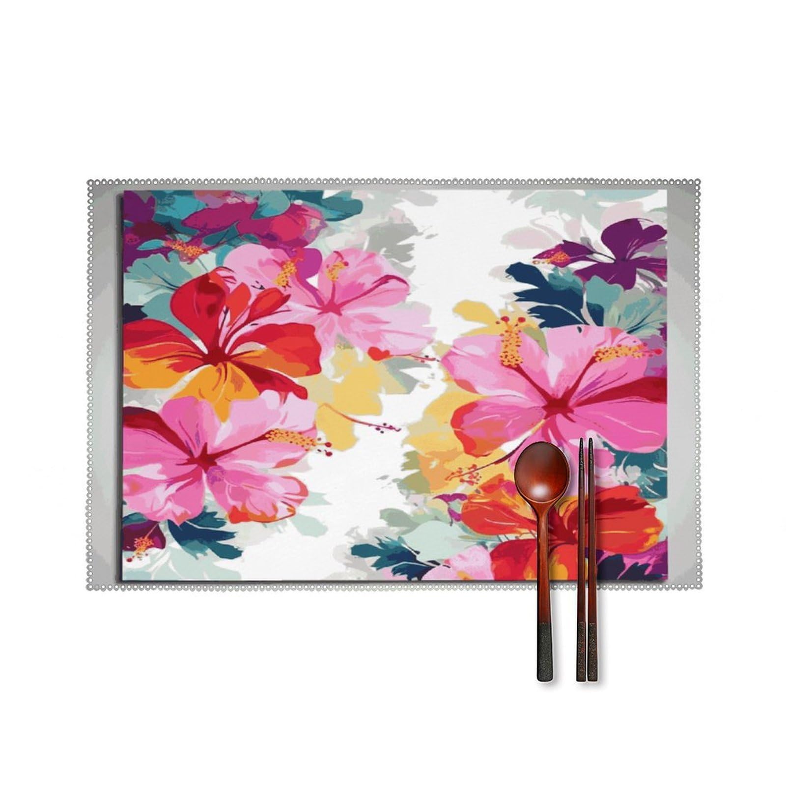 Btcowzrv Style Hawaiian Flower Print Canvas Placemats Set Of 6, Wipeable Washable Place Mats For Indoor & Outdoor, Table Mat Decor For Kitchen Dining Party