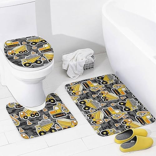 Miniatura 4 de Juego de 4 cortinas de ducha de construcción de excavadora con alfombras, cubierta de tapa de inodoro, decoración de baño