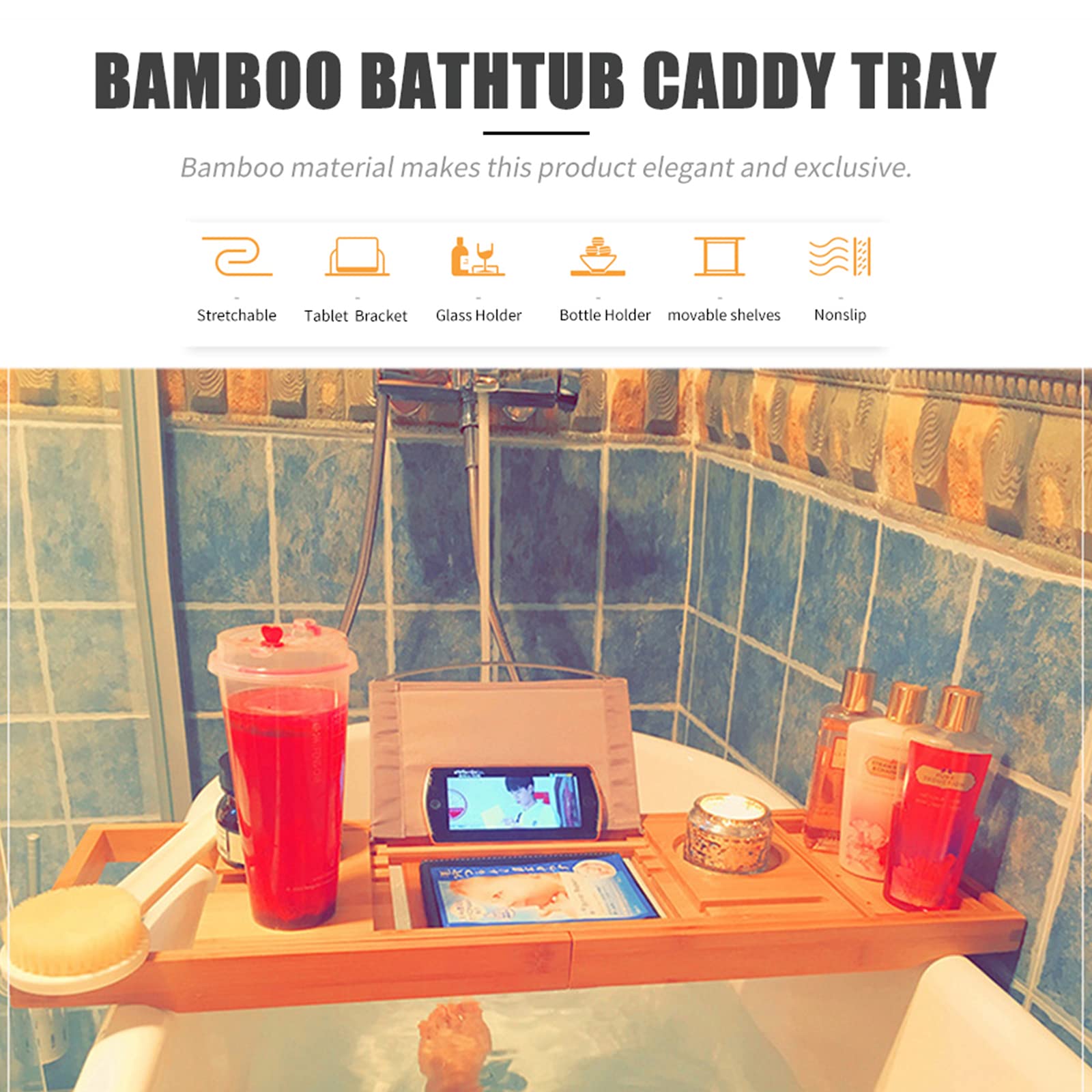 Bandeja Caddy para bañera de bambú de Primera Calidad, Bandeja de Madera Extensible con Soporte para Copas de Vino, Soporte para Lectura y Ranura para teléfono para bañeras, Caja Doble