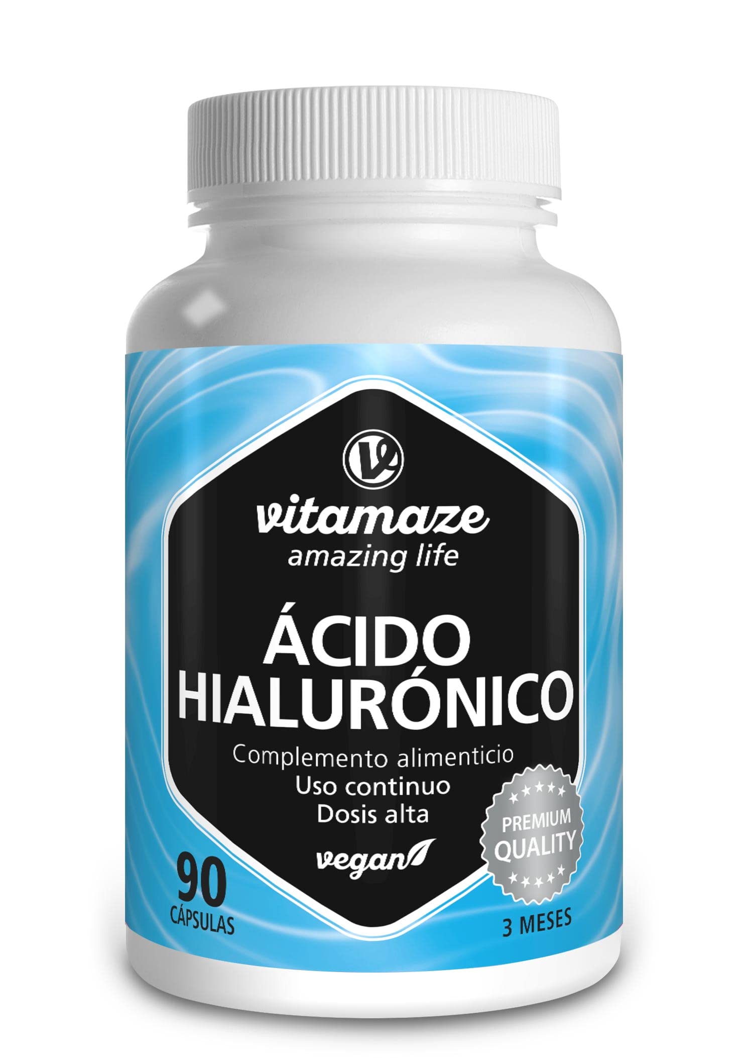 Vitamaze® Ácido Hialurónico Puro Capsulas, 300 mg Alto Concentrado por Capsula Vegano para 3 Meses, alta Biodisponibilidad, Tamaño Molecular de 500-700 kDa, Natural sin Aditivos Innecesarios