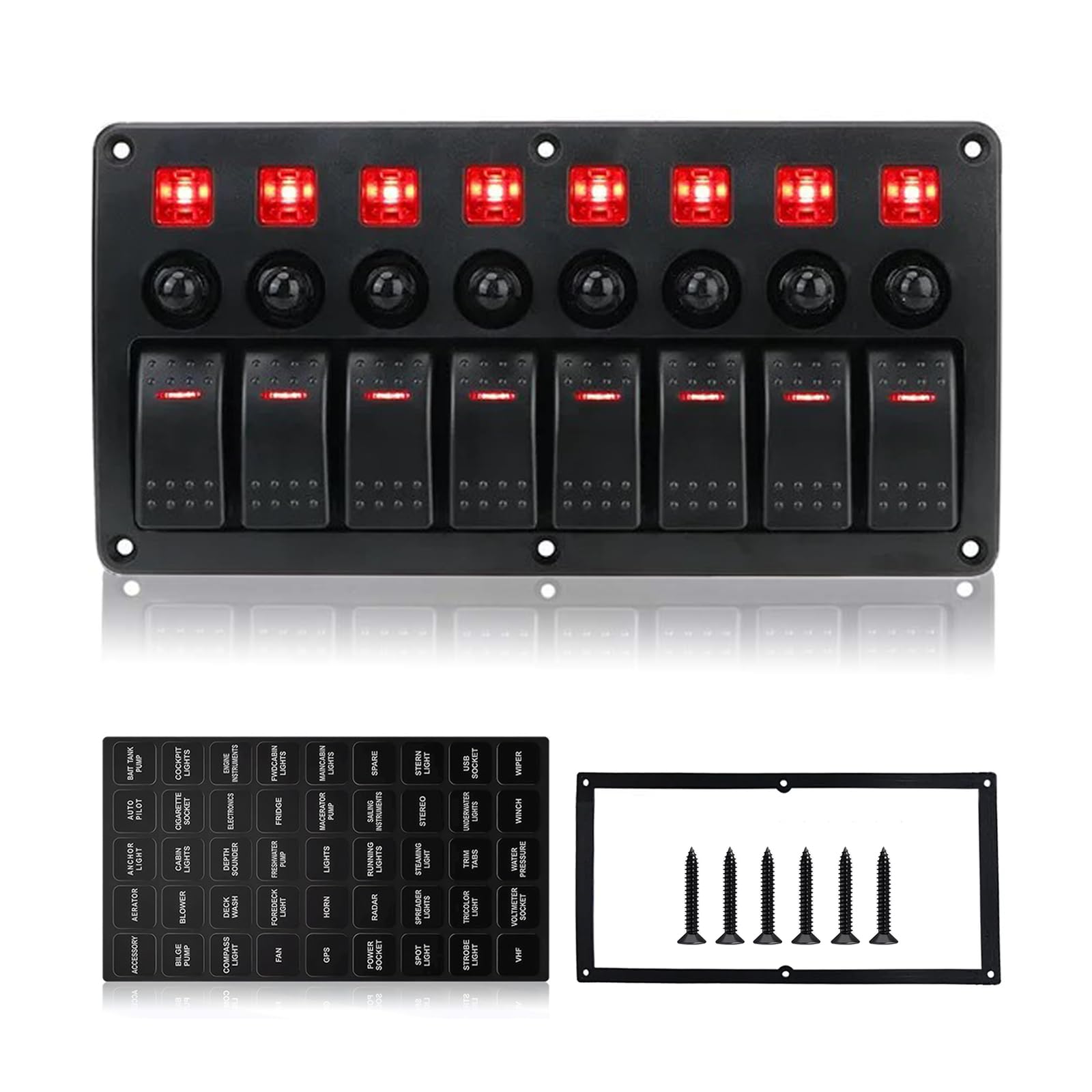 Geloo 12V 24V 8 Gang Panel de Interruptor Basculante Impermeable con Interruptores de Circuito de Protección de Sobrecarga para Coche Barco Marina RV Caravana