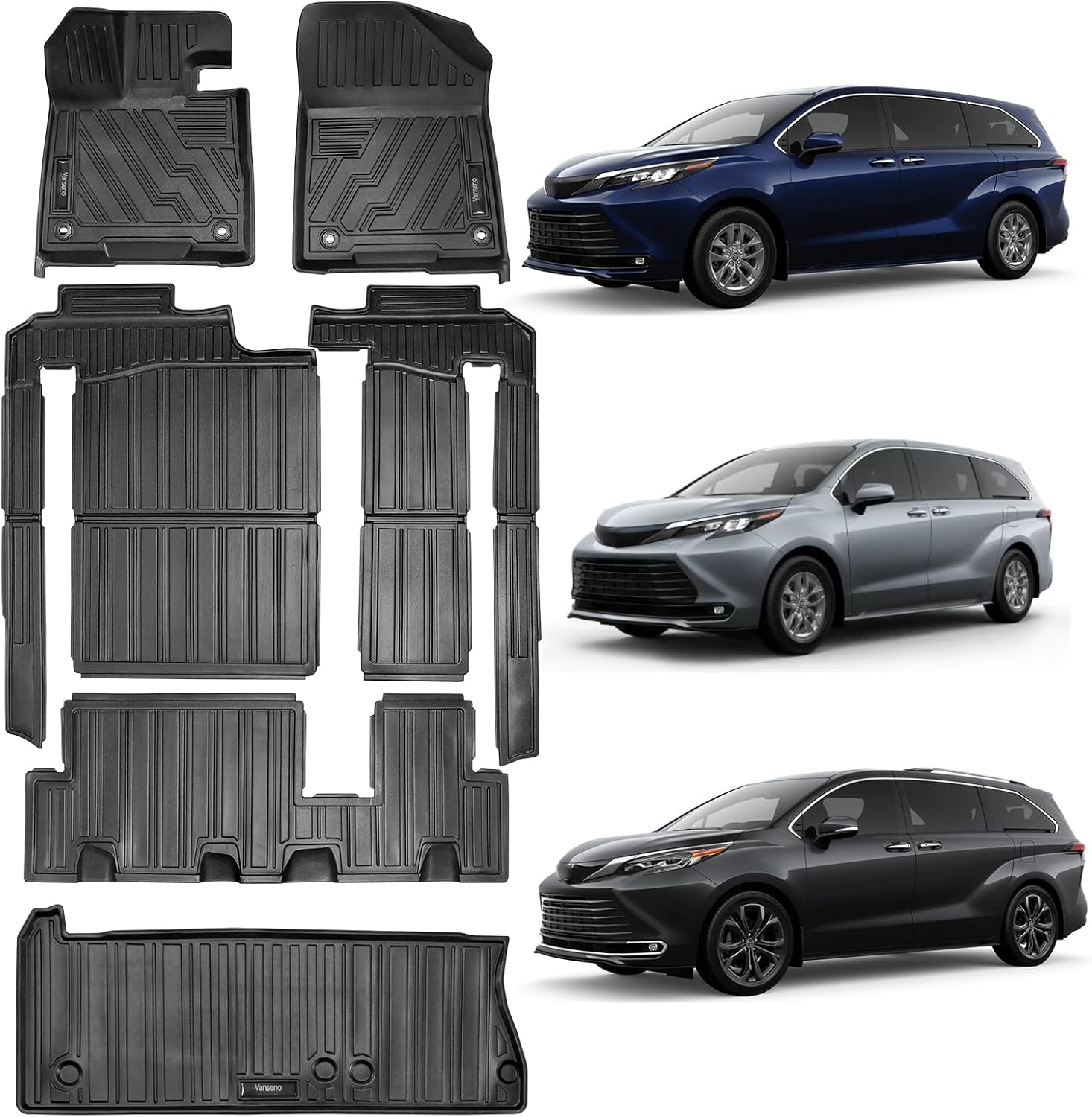 Vanseno All Weather Floor Mats and Cargo Liner Compatible for Toyota Sienna 2021-2024 2025 2026 LE/XLE (Not for 2025 Platinum Edition) Floor Liner Heavy Duty for Sienna Accessories (Only for 8 Seat)
