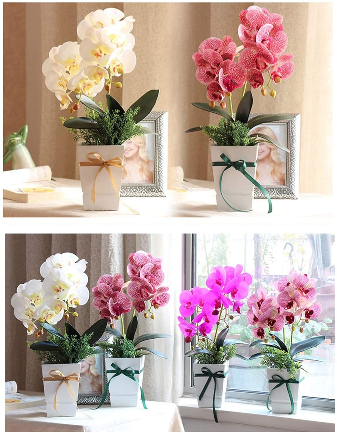 Lebensechte Orchideen aus PU-Leder mit Holzvase, künstliche Blumenarrangements für Zuhause, Büro oder Wohnzimmer, Farbe 3
