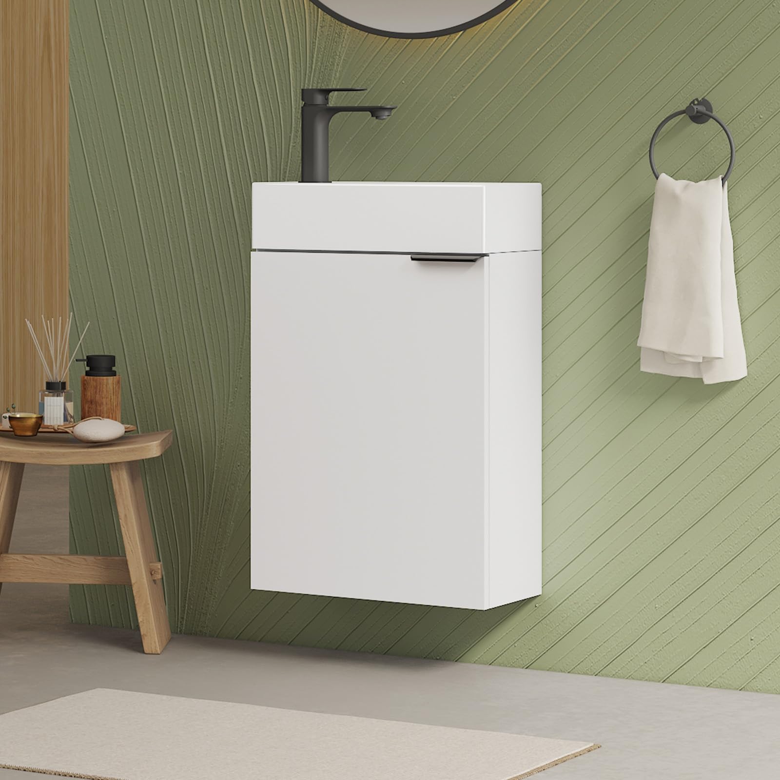 EMKE Lavandino con mobiletto da 41 cm, compatto lavabo con vasca in ceramica per WC ospiti e piccolo bagno, lavabo con mobiletto, bianco