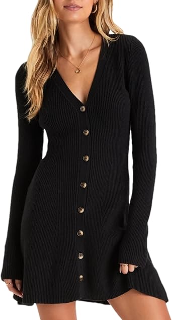 Bozanly Womens Elegant Deep V Neck Long Sleeve Button Front Ribbed Knit Mini Dress Sexy Sweater Dresses