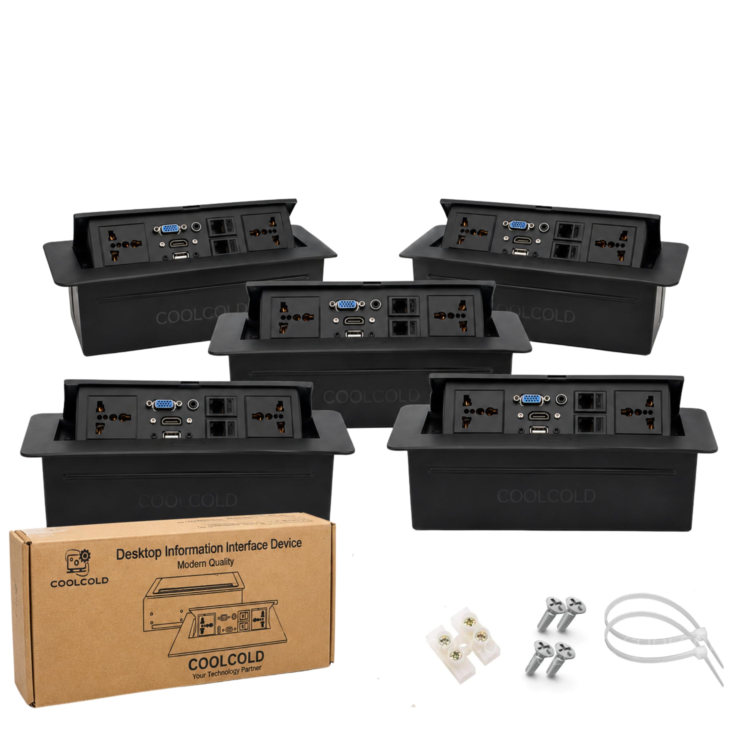 COOLCOLD Pack of 5, Hydraulic 8 Cables Cubby, 10 Module, Conference Table Connectivity Solutions, Flip-Top Hidden Desk Module Pop Up Box with HDMI, VGA, Audio, LAN, Power & USB Port (Black) | Cable Cubby-image-22